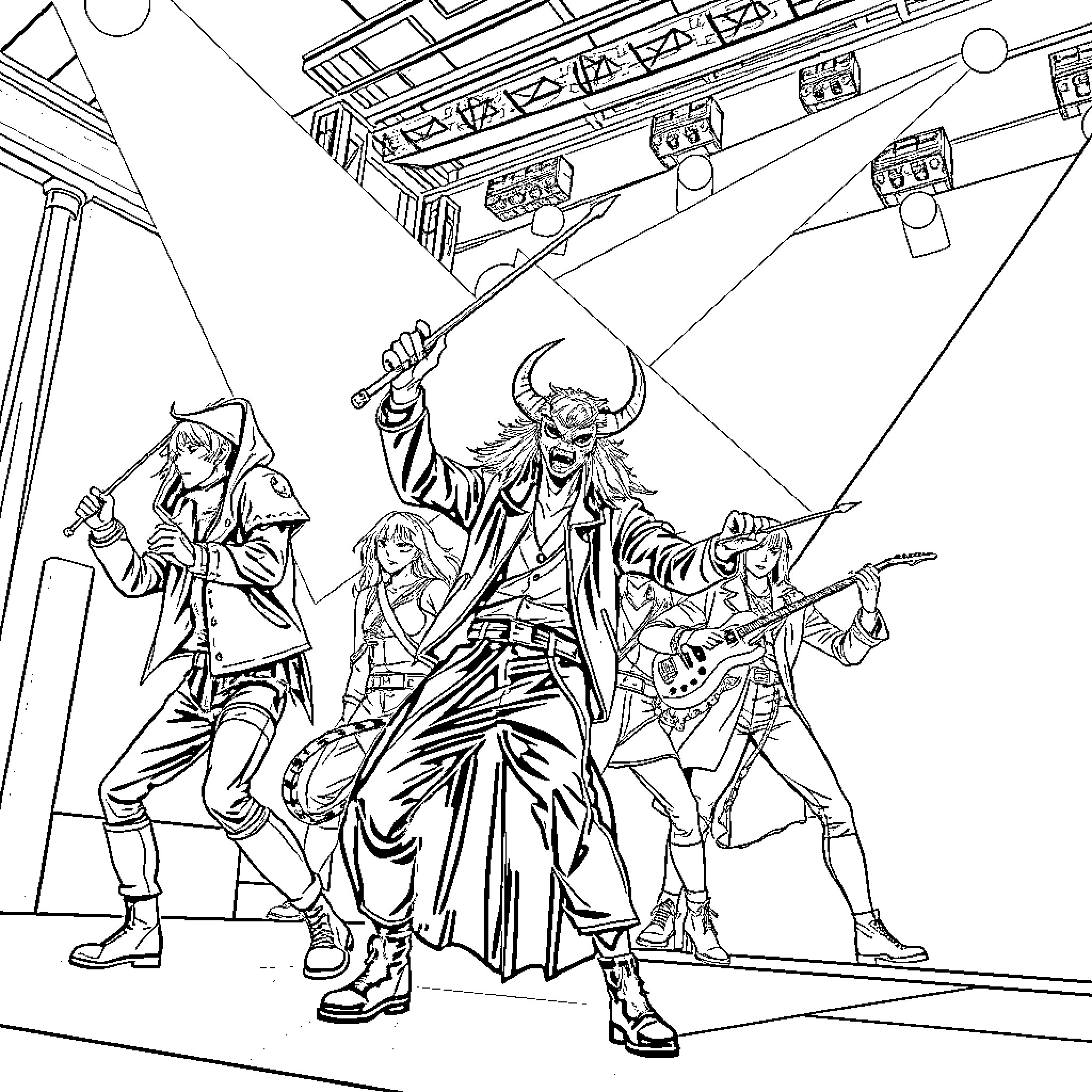 Kpop Demon Hunter: Band Performing on Stage Coloring Page (free black-and-white line drawing printable PDF for all, from beginners to advanced learners, including children, teens, adults, and seniors)