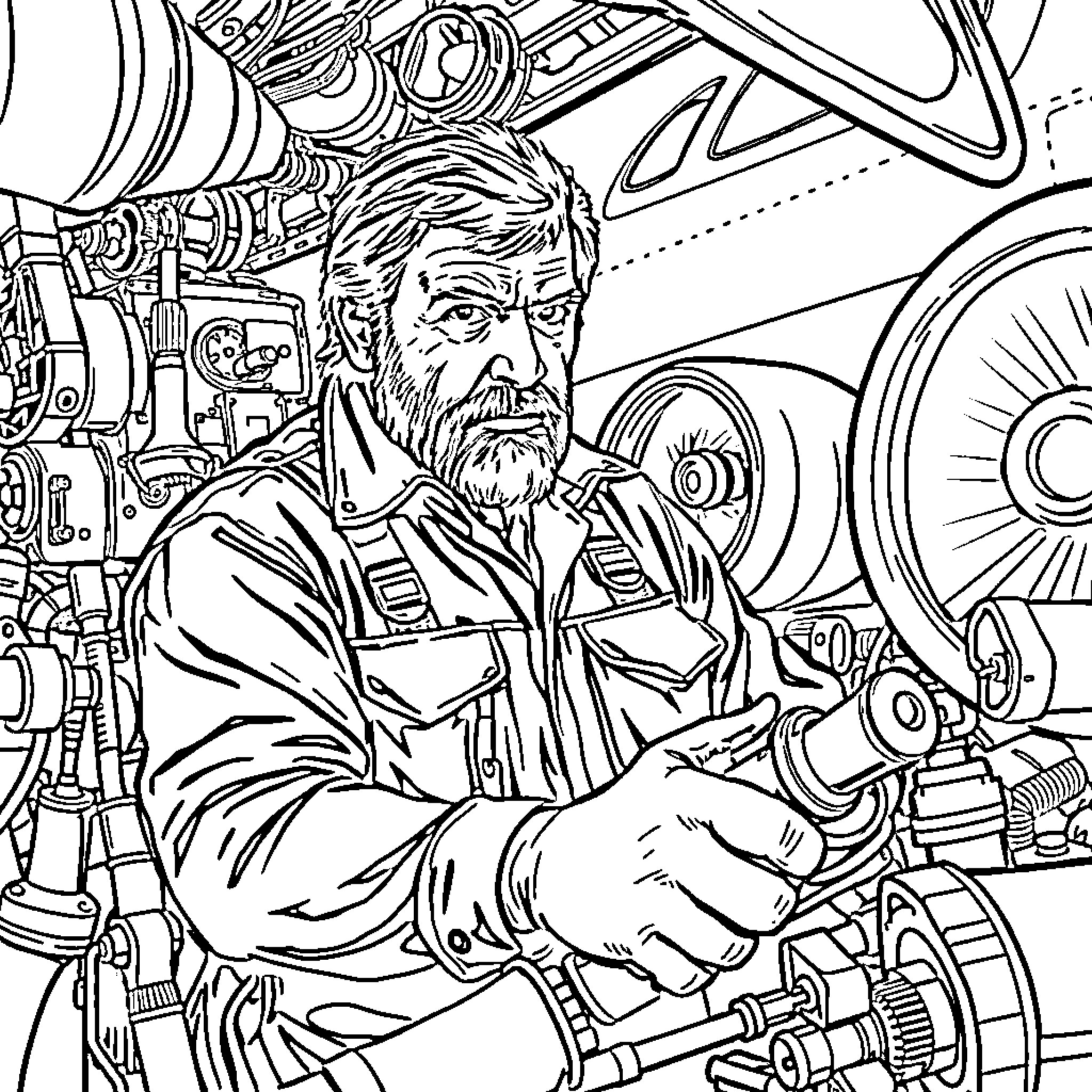 Chuck Norris Tackles Complex Machinery in Action-Packed Scene Coloring Page (free black-and-white line drawing printable PDF for all, from beginners to advanced learners, including children, teens, adults, and seniors)
