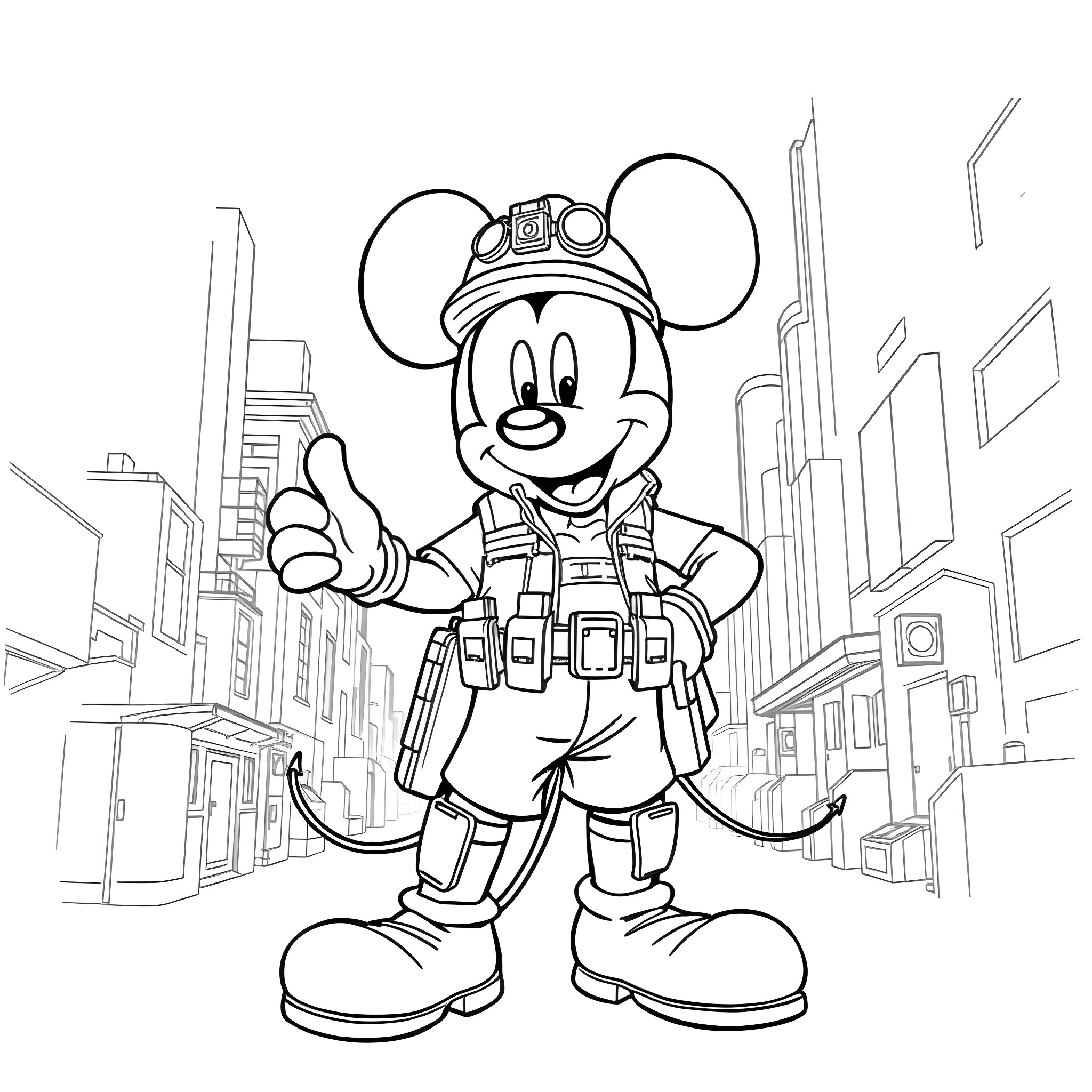 Mickey the Explorer in the City Coloring Page (free black-and-white line drawing printable PDF for all, from beginners to advanced learners, including children, teens, adults, and seniors)