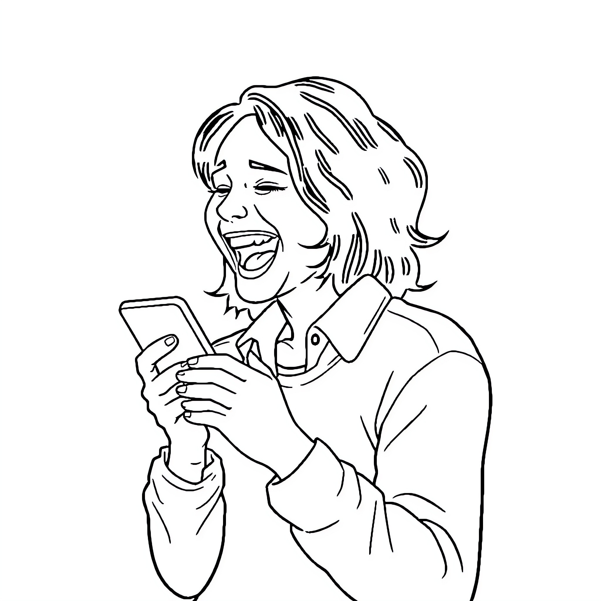 LOL Laughing woman joyfully using smartphone Coloring Page (free black-and-white line drawing printable PDF for all, from beginners to advanced learners, including children, teens, adults, and seniors)