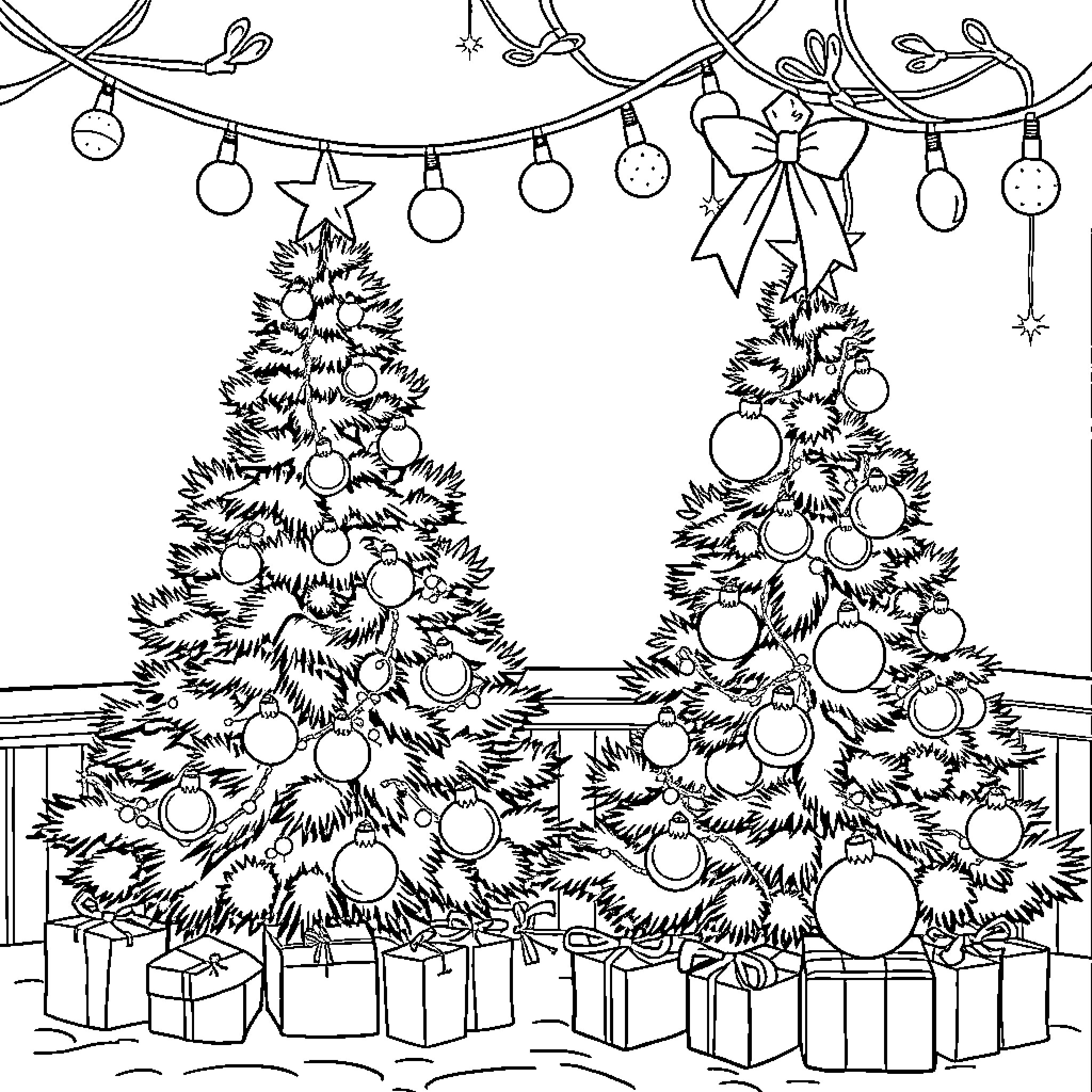 Christmas trees and festive decorations Coloring Page (free black-and-white line drawing printable PDF for all, from beginners to advanced learners, including children, teens, adults, and seniors)