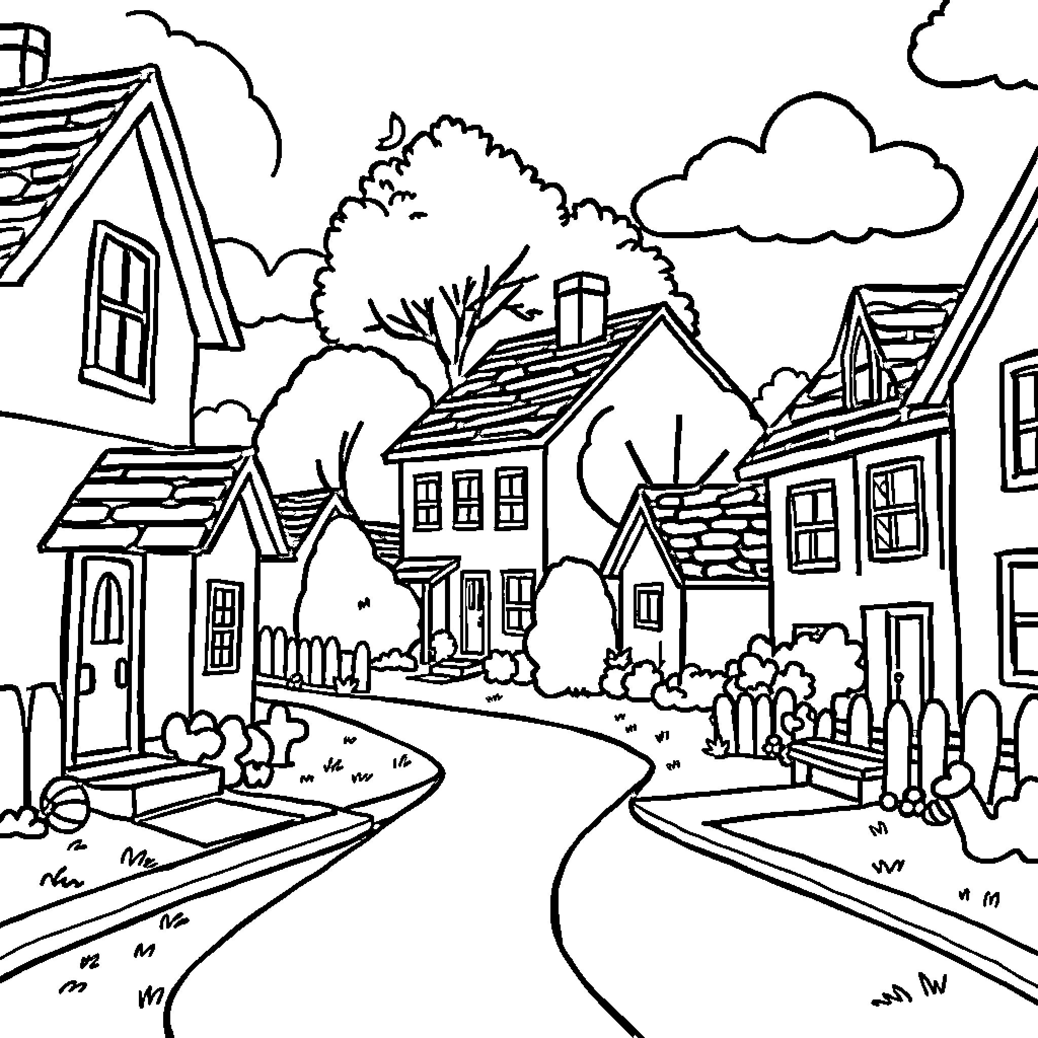 Cul de Sac with Quaint Cottages and Winding Path Coloring Page (free black-and-white line drawing printable PDF for all, from beginners to advanced learners, including children, teens, adults, and seniors)