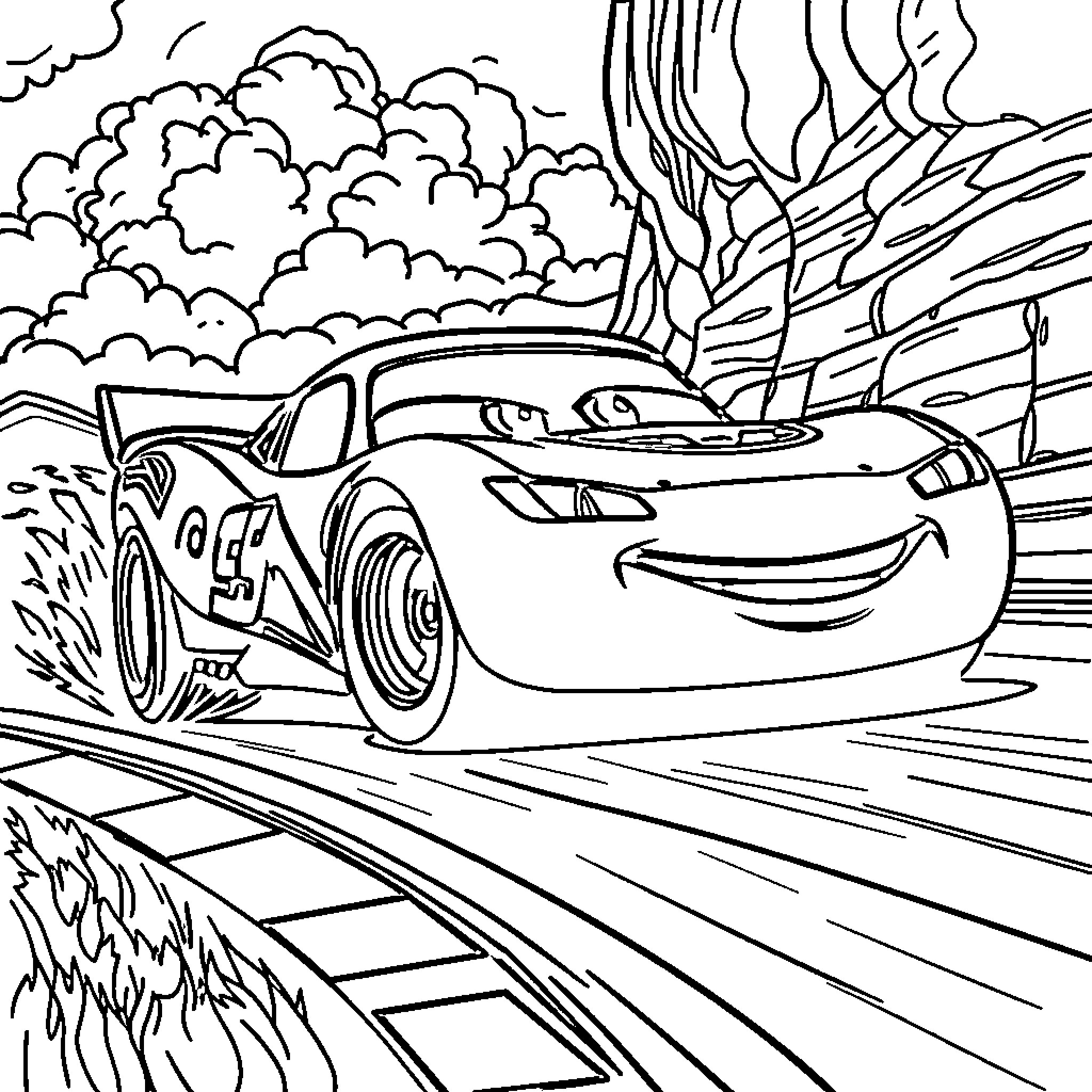 Lightning McQueen in an action-packed scene Coloring Page (free black-and-white line drawing printable PDF for all, from beginners to advanced learners, including children, teens, adults, and seniors)
