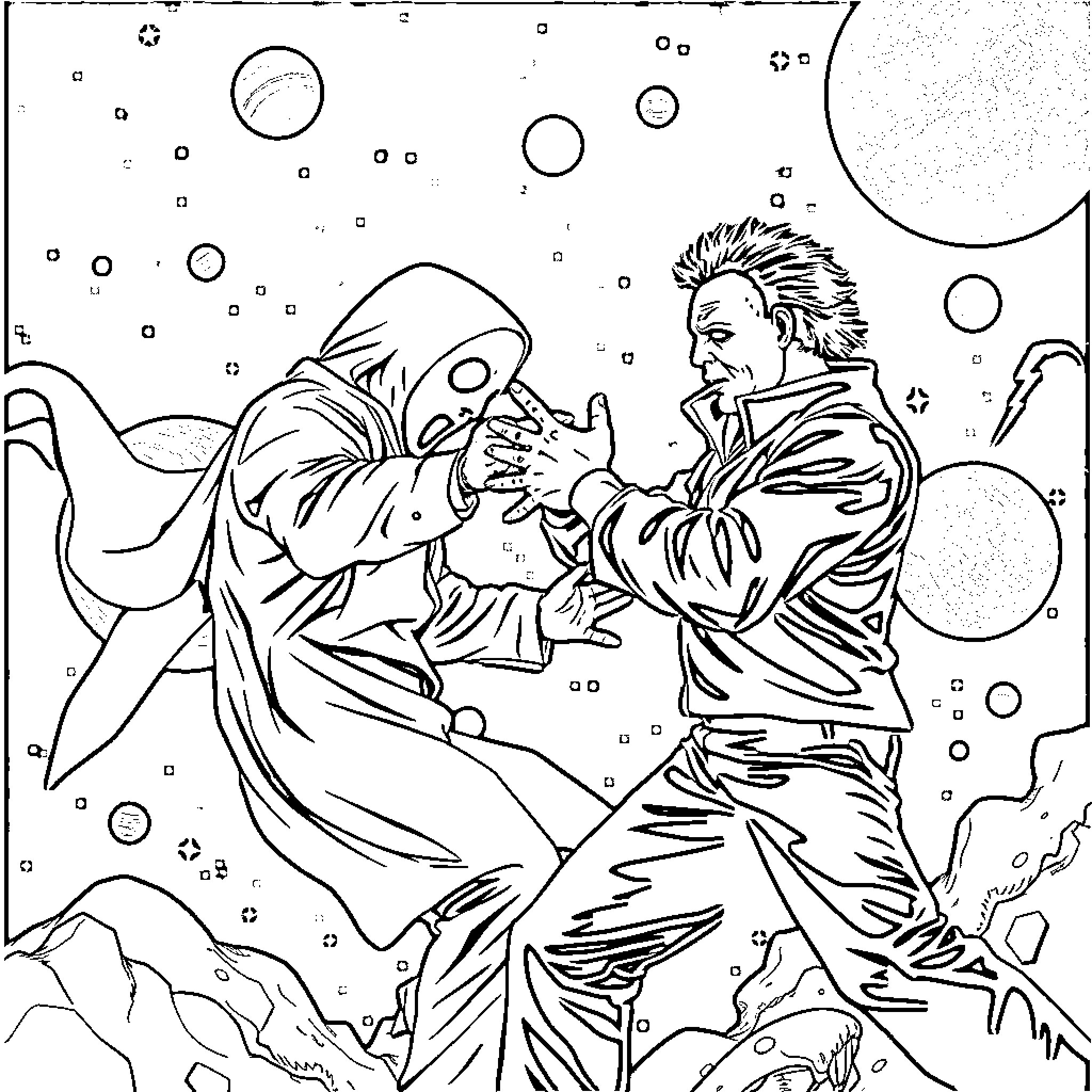 Ghostface characters engaging in intense confrontation Coloring Page (free black-and-white line drawing printable PDF for all, from beginners to advanced learners, including children, teens, adults, and seniors)