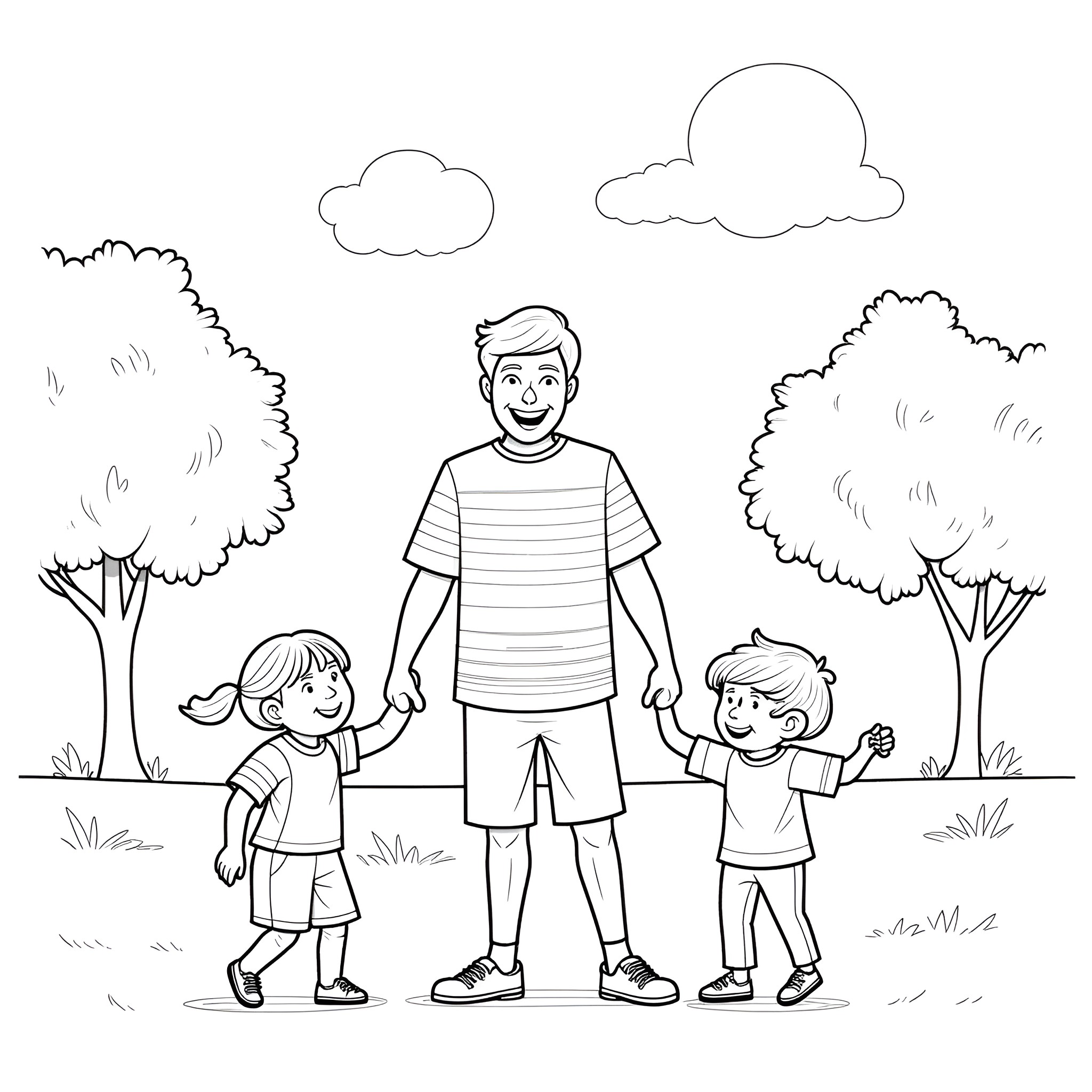 Dad strolls with kids in the park Coloring Page (free black-and-white line drawing printable PDF for all, from beginners to advanced learners, including children, teens, adults, and seniors)