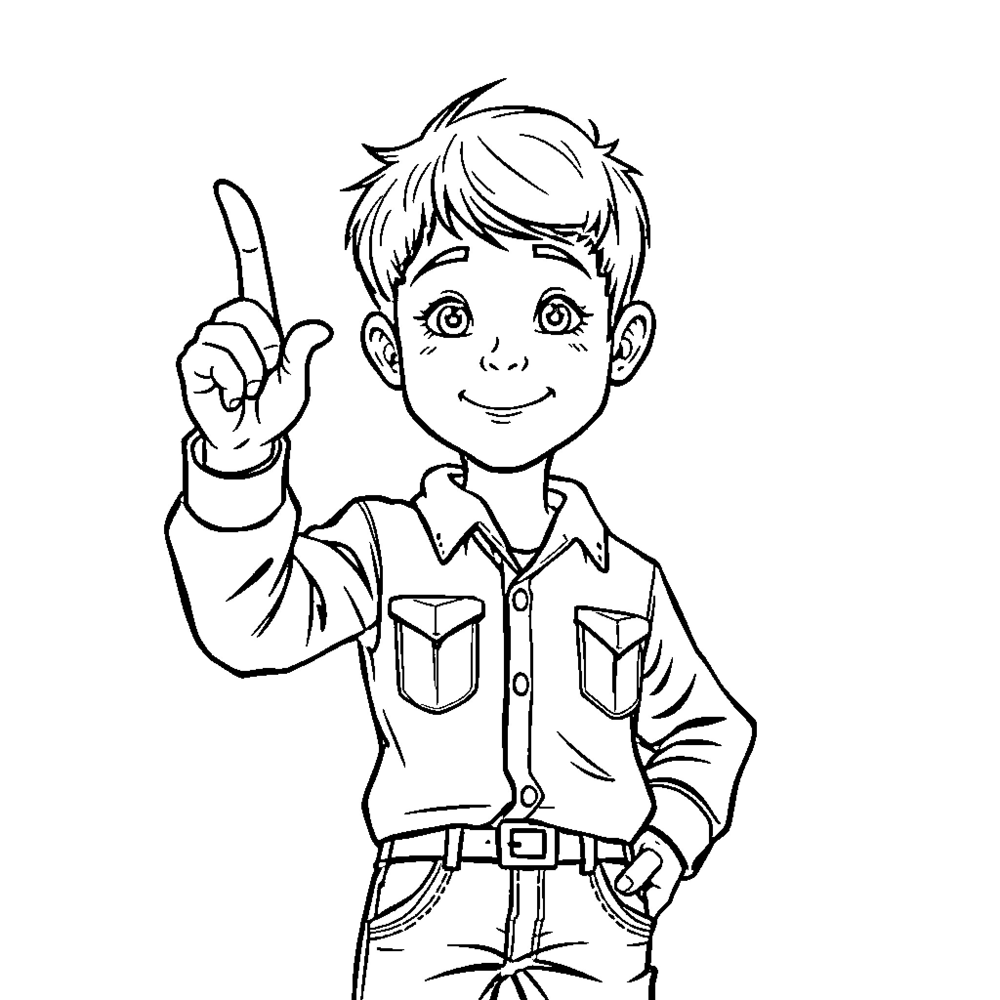 Boy pointing with a smile on his face Coloring Page (free black-and-white line drawing printable PDF for all, from beginners to advanced learners, including children, teens, adults, and seniors)