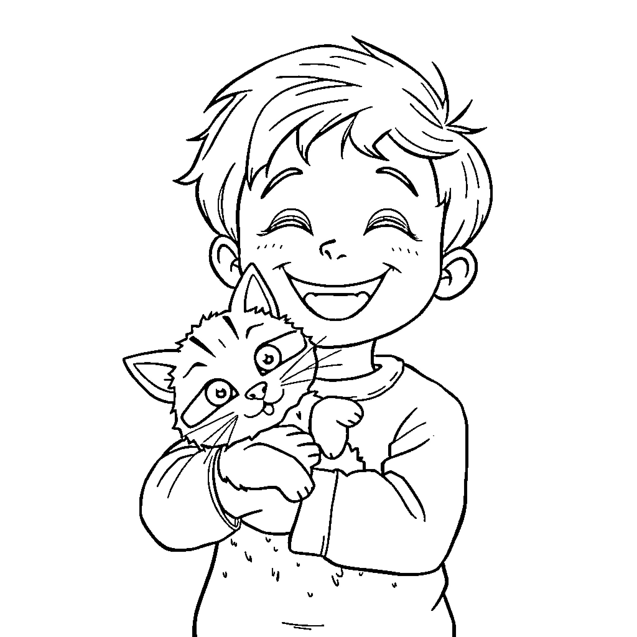 Kid happily holding a pet cat Coloring Page (free black-and-white line drawing printable PDF for all, from beginners to advanced learners, including children, teens, adults, and seniors)