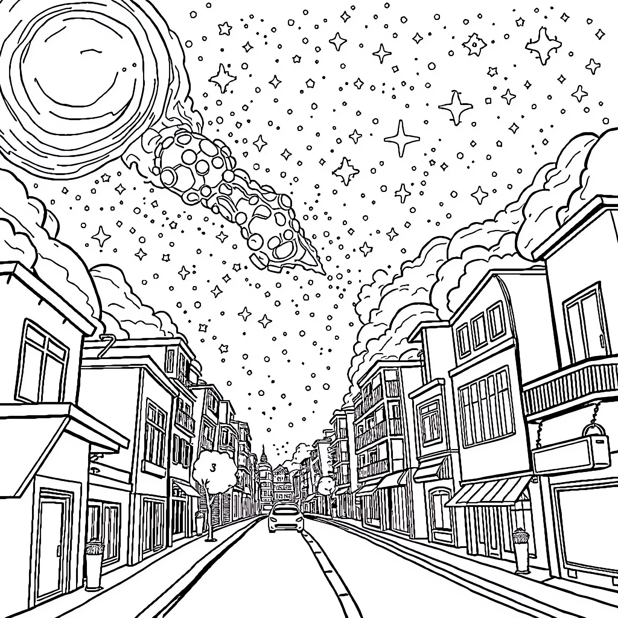 Street scene with comet and stars in the night sky Coloring Page (free black-and-white line drawing printable PDF for all, from beginners to advanced learners, including children, teens, adults, and seniors)