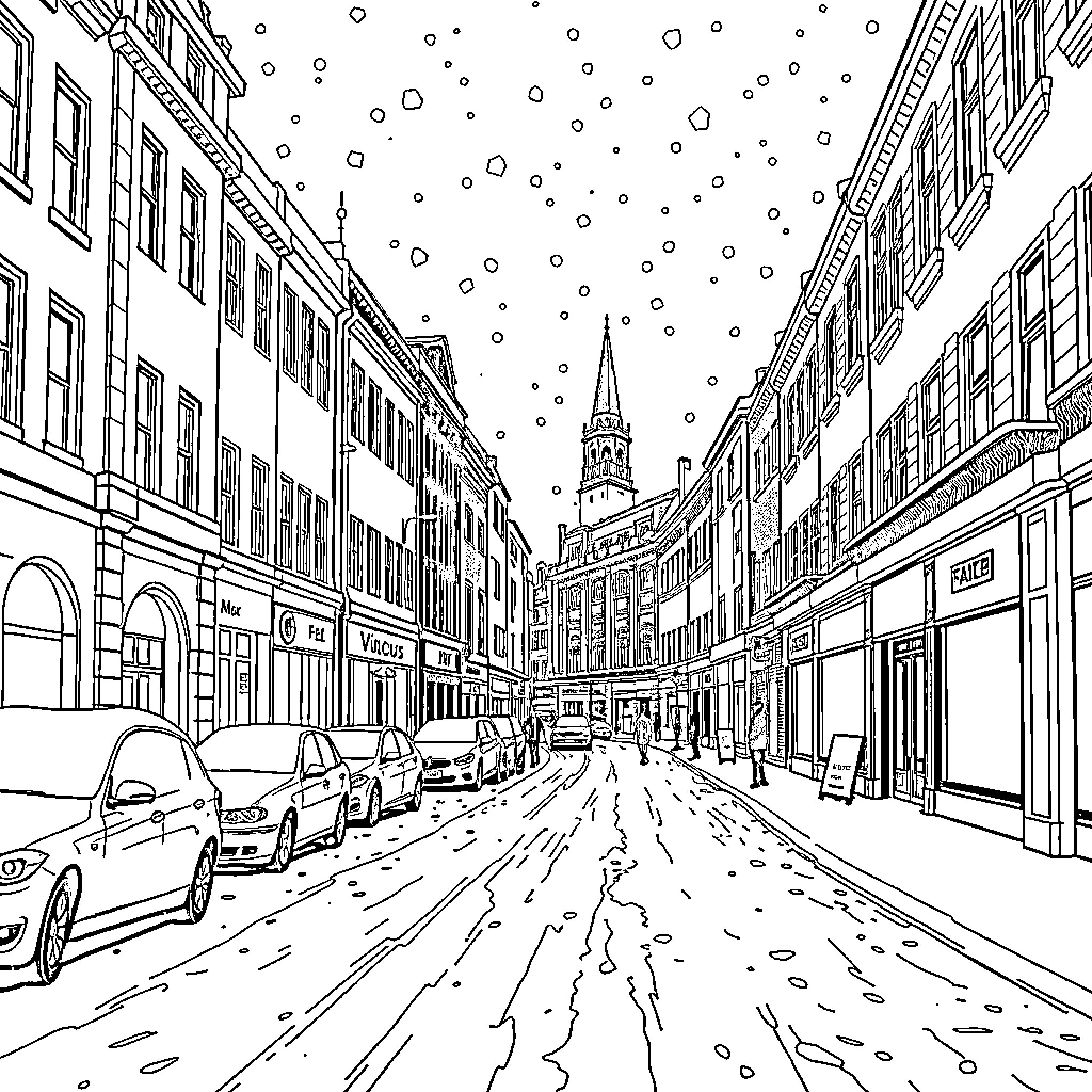 Belfast Cityscape with Snowy Winter Scenery Coloring Page (free black-and-white line drawing printable PDF for all, from beginners to advanced learners, including children, teens, adults, and seniors)