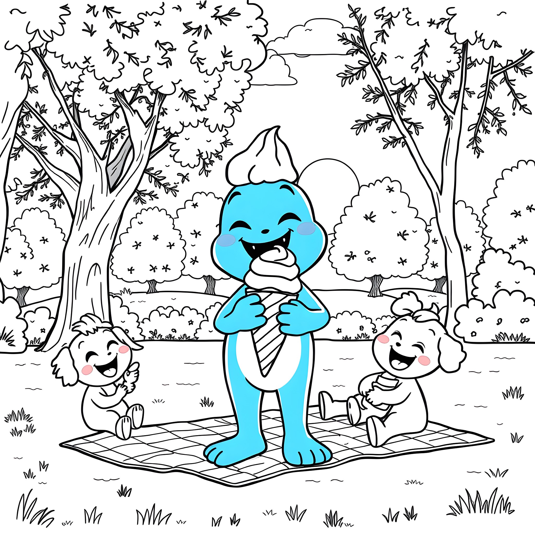 Bluey enjoying a picnic with friends in the park Coloring Page (free black-and-white line drawing printable PDF for all, from beginners to advanced learners, including children, teens, adults, and seniors)