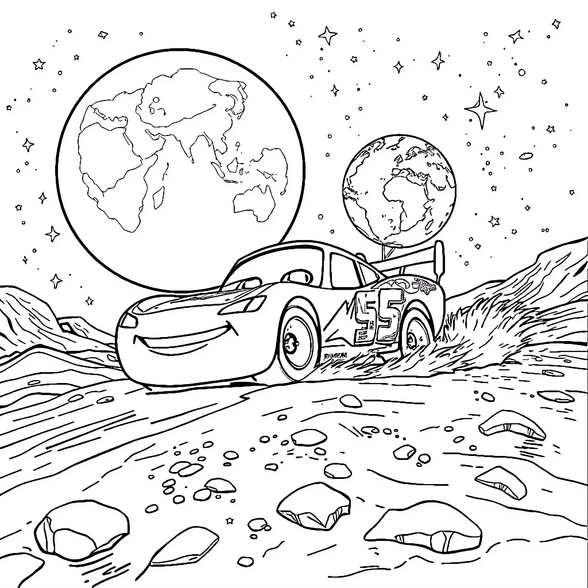 Lightning McQueen on an intergalactic race through the cosmos Coloring Page (free black-and-white line drawing printable PDF for all, from beginners to advanced learners, including children, teens, adults, and seniors)