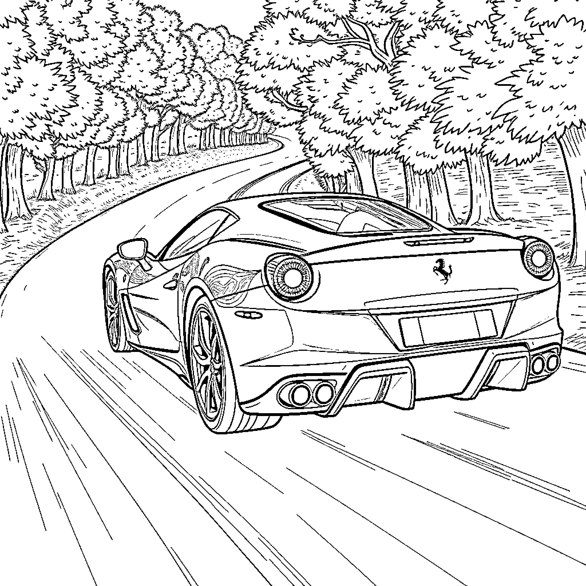 Ferrari racing through scenic forest Coloring Page (free black-and-white line drawing printable PDF for all, from beginners to advanced learners, including children, teens, adults, and seniors)