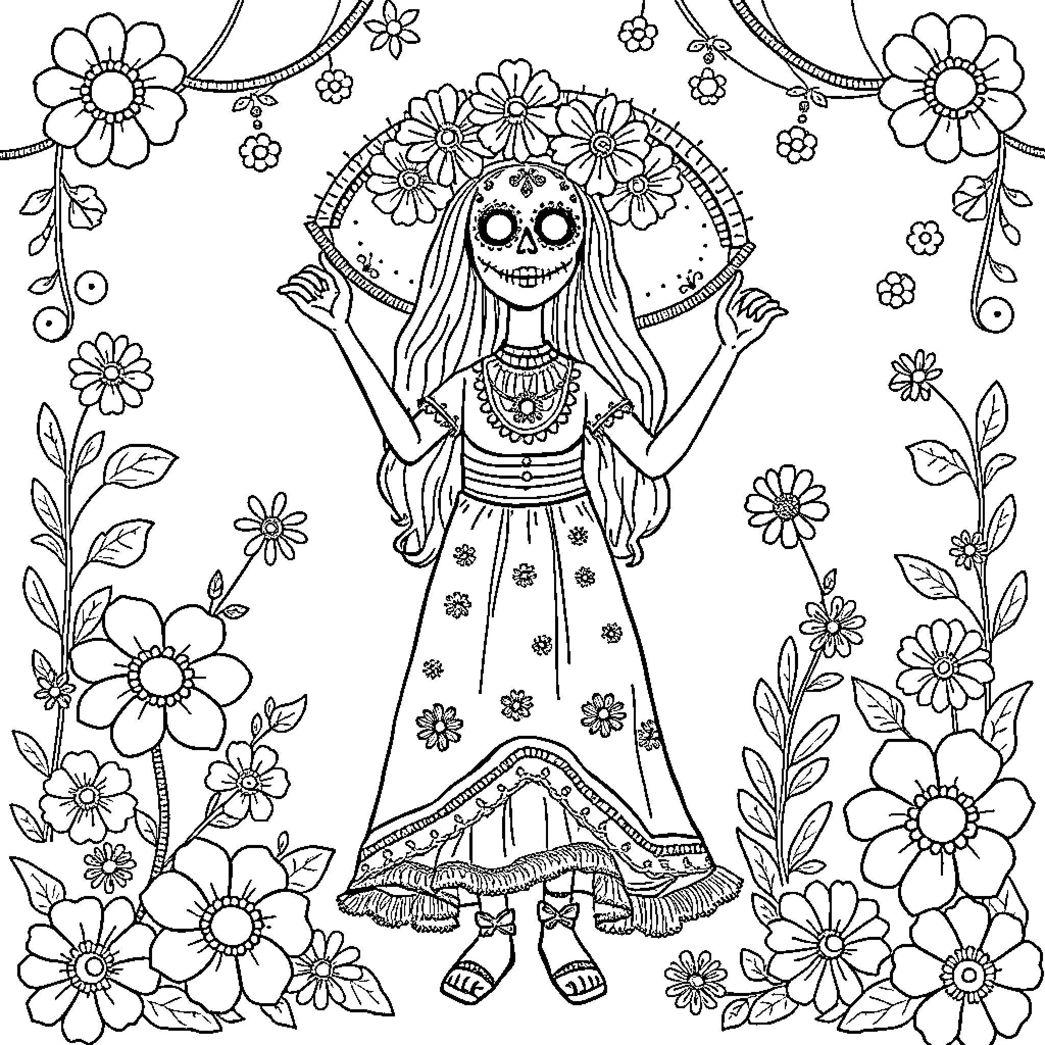 Catrina Celebrating Amongst Vibrant Floral Motifs Coloring Page (free black-and-white line drawing printable PDF for all, from beginners to advanced learners, including children, teens, adults, and seniors)