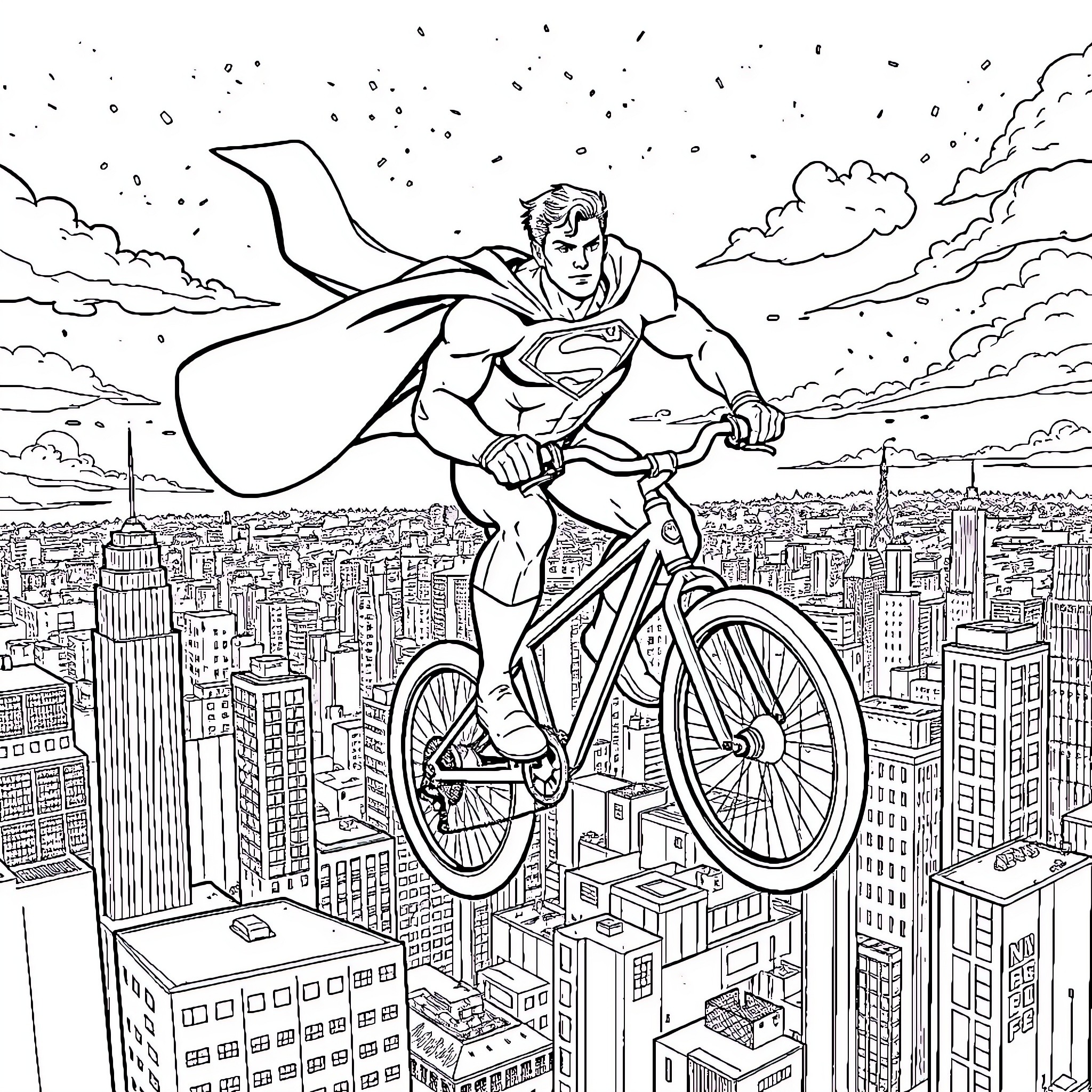 Superman Soaring Over the City on a Bicycle Coloring Page (free black-and-white line drawing printable PDF for all, from beginners to advanced learners, including children, teens, adults, and seniors)
