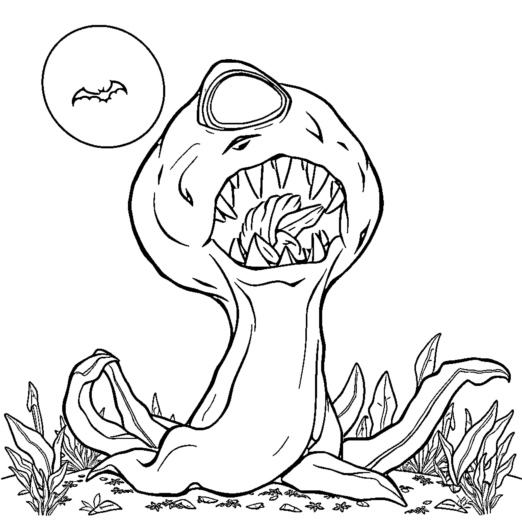 Plant monster with sharp teeth in spooky forest Coloring Page (free black-and-white line drawing printable PDF for all, from beginners to advanced learners, including children, teens, adults, and seniors)