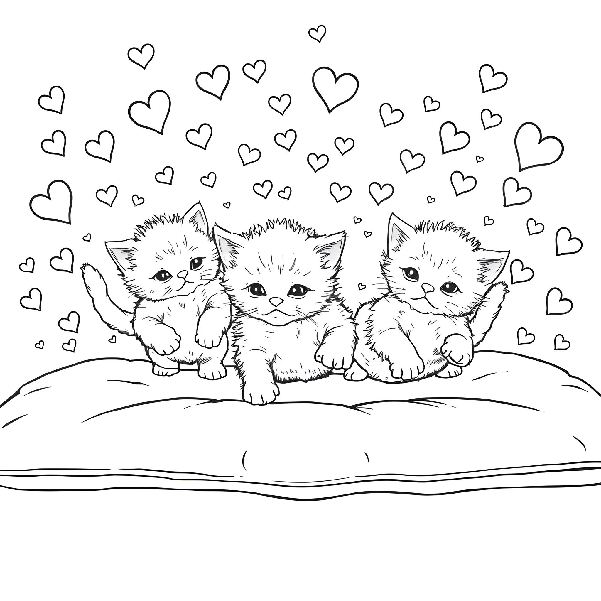 Kittens surrounded by hearts Coloring Page (free black-and-white line drawing printable PDF for all, from beginners to advanced learners, including children, teens, adults, and seniors)