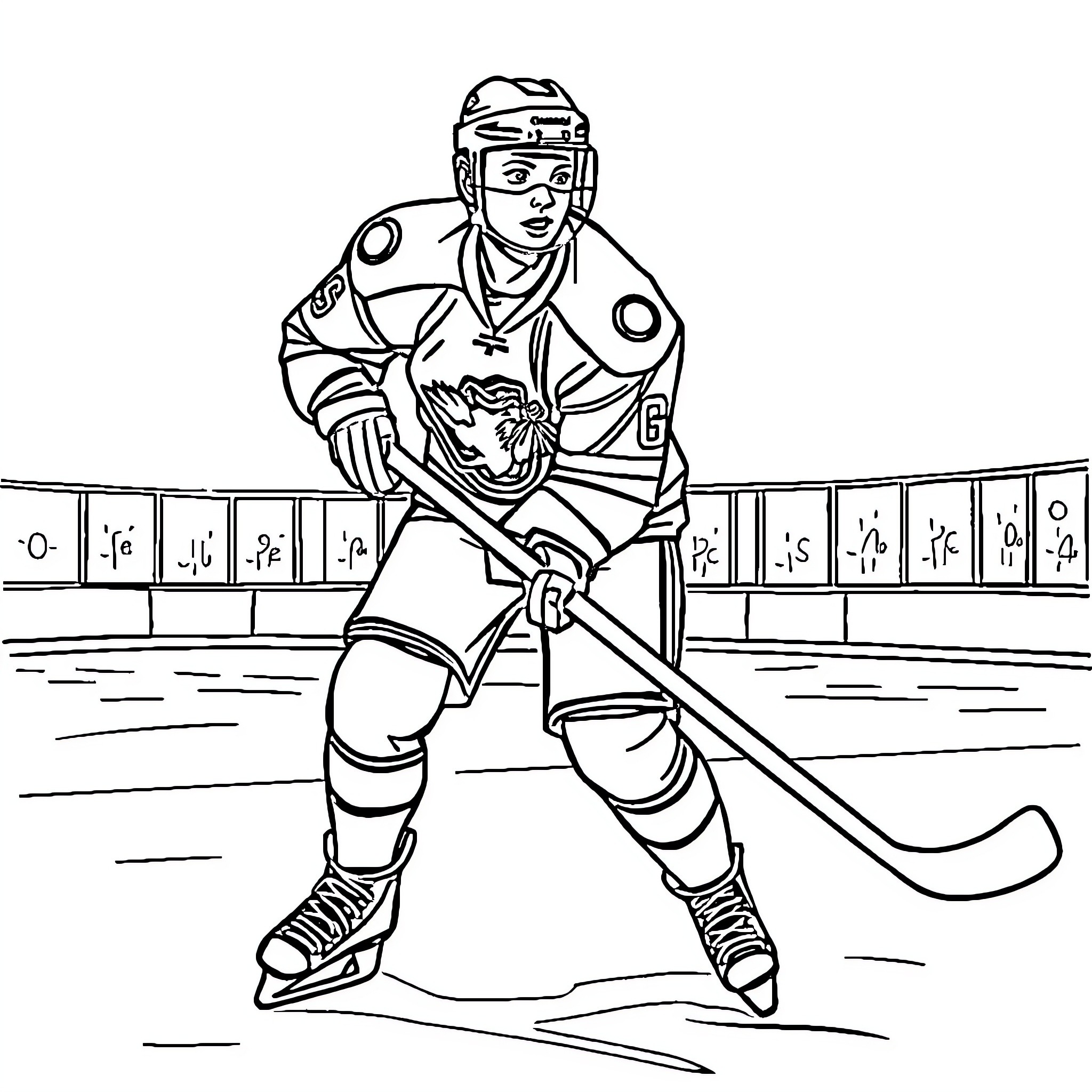 Hockey Player in Action on the Ice Rink Coloring Page (free black-and-white line drawing printable PDF for all, from beginners to advanced learners, including children, teens, adults, and seniors)
