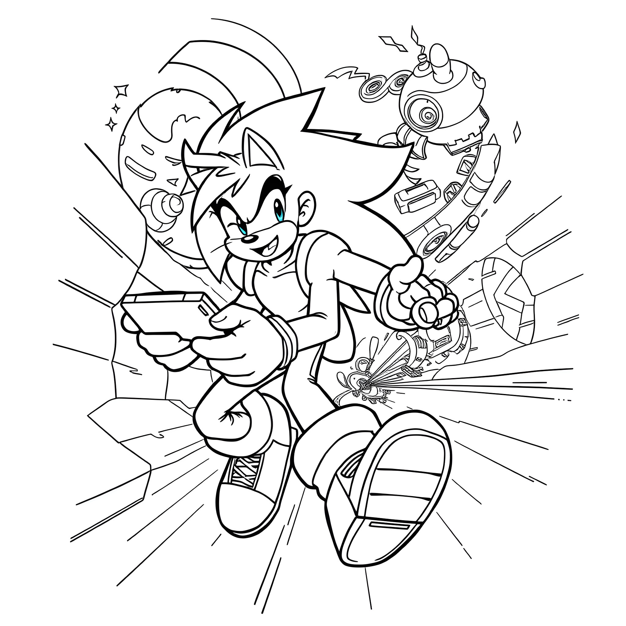 Axel's Thrilling Adventure with Robots Coloring Page (free black-and-white line drawing printable PDF for all, from beginners to advanced learners, including children, teens, adults, and seniors)