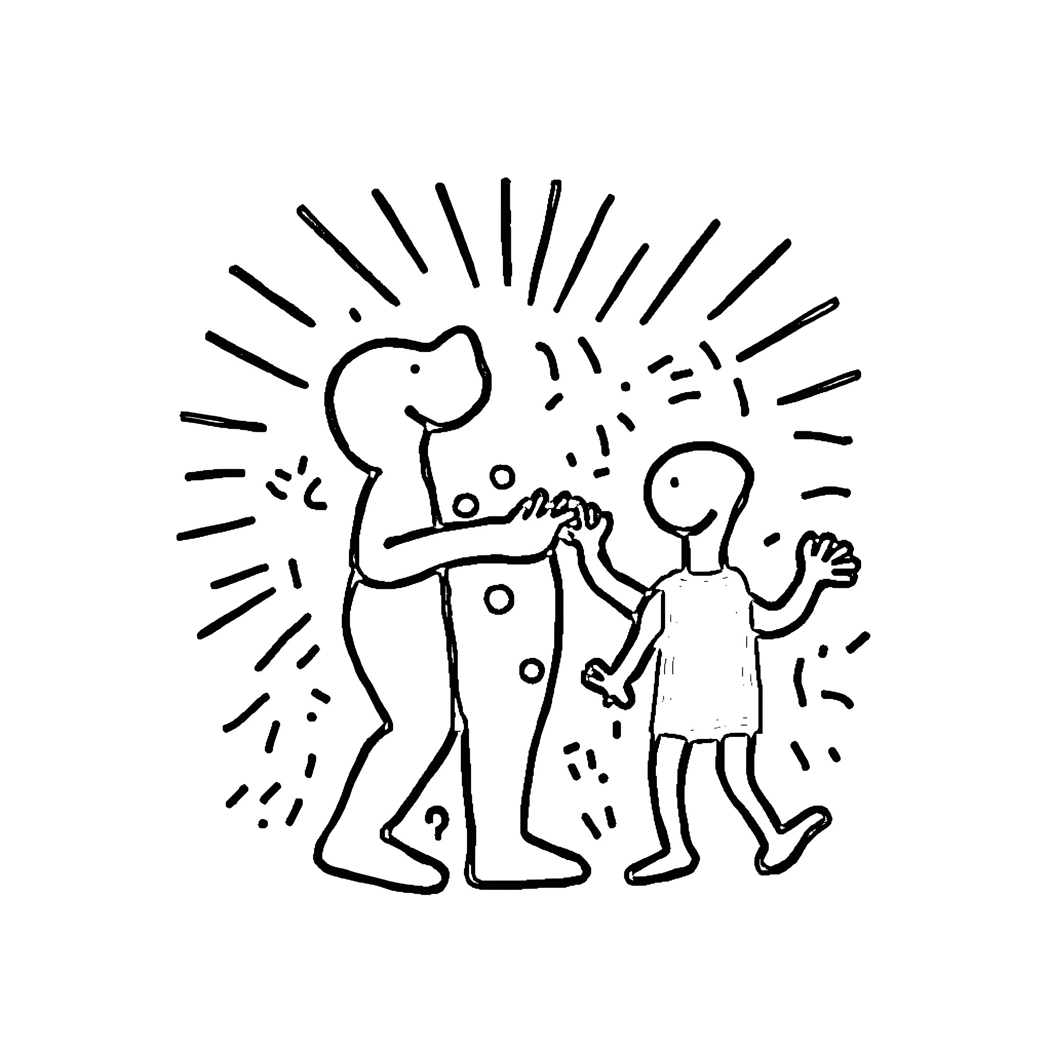Keith Haring's playful figures in motion Coloring Page (free black-and-white line drawing printable PDF for all, from beginners to advanced learners, including children, teens, adults, and seniors)