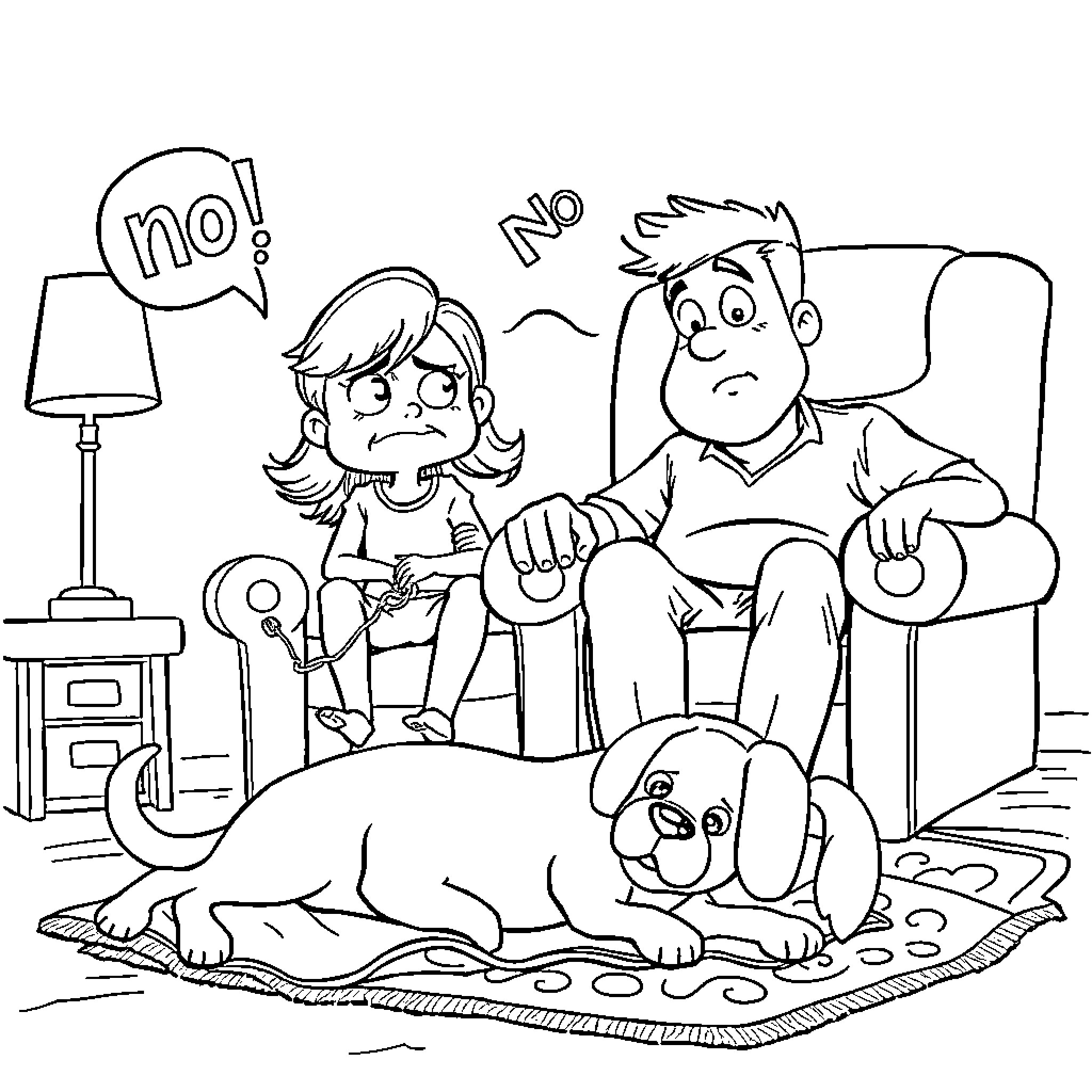 Daughter's Disagreement with Parents and Pet Coloring Page (free black-and-white line drawing printable PDF for all, from beginners to advanced learners, including children, teens, adults, and seniors)