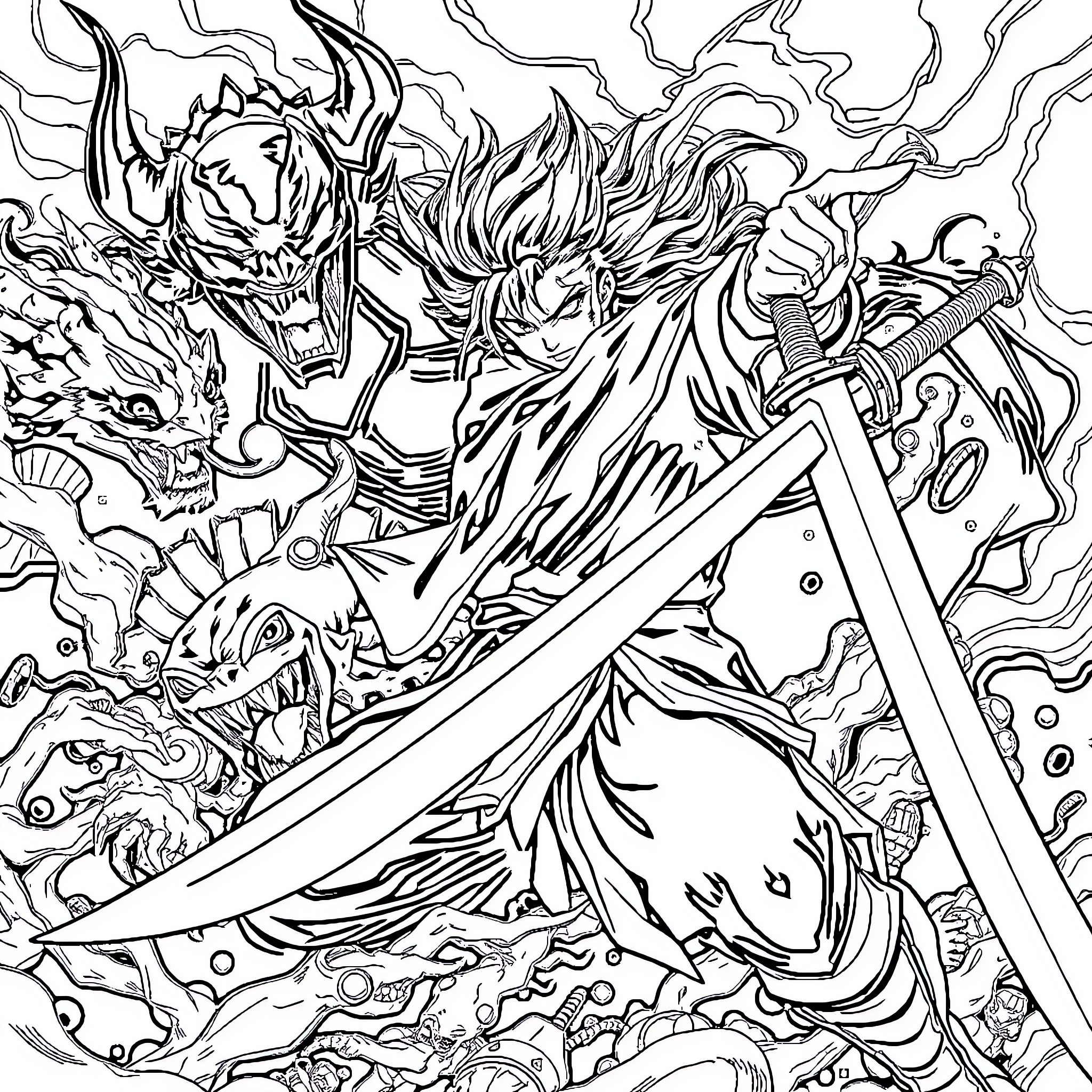 Demon Slayer Protagonist's Fierce Battle Against Demonic Forces Coloring Page (free black-and-white line drawing printable PDF for all, from beginners to advanced learners, including children, teens, adults, and seniors)