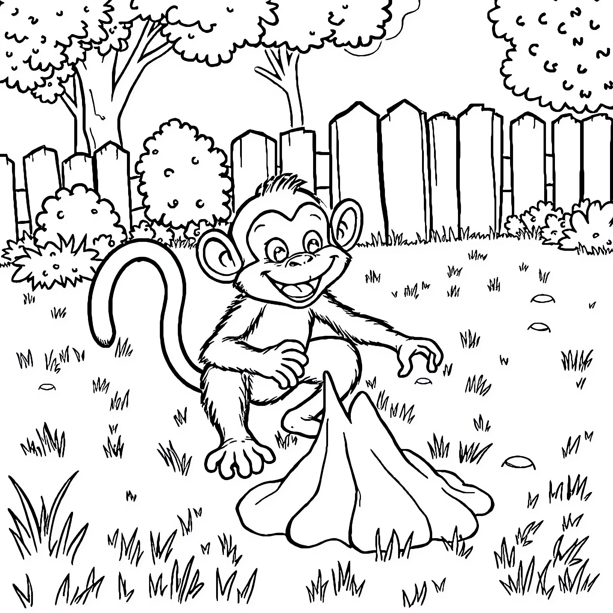 Monkey playing joyfully in the forest Coloring Page (free black-and-white line drawing printable PDF for all, from beginners to advanced learners, including children, teens, adults, and seniors)