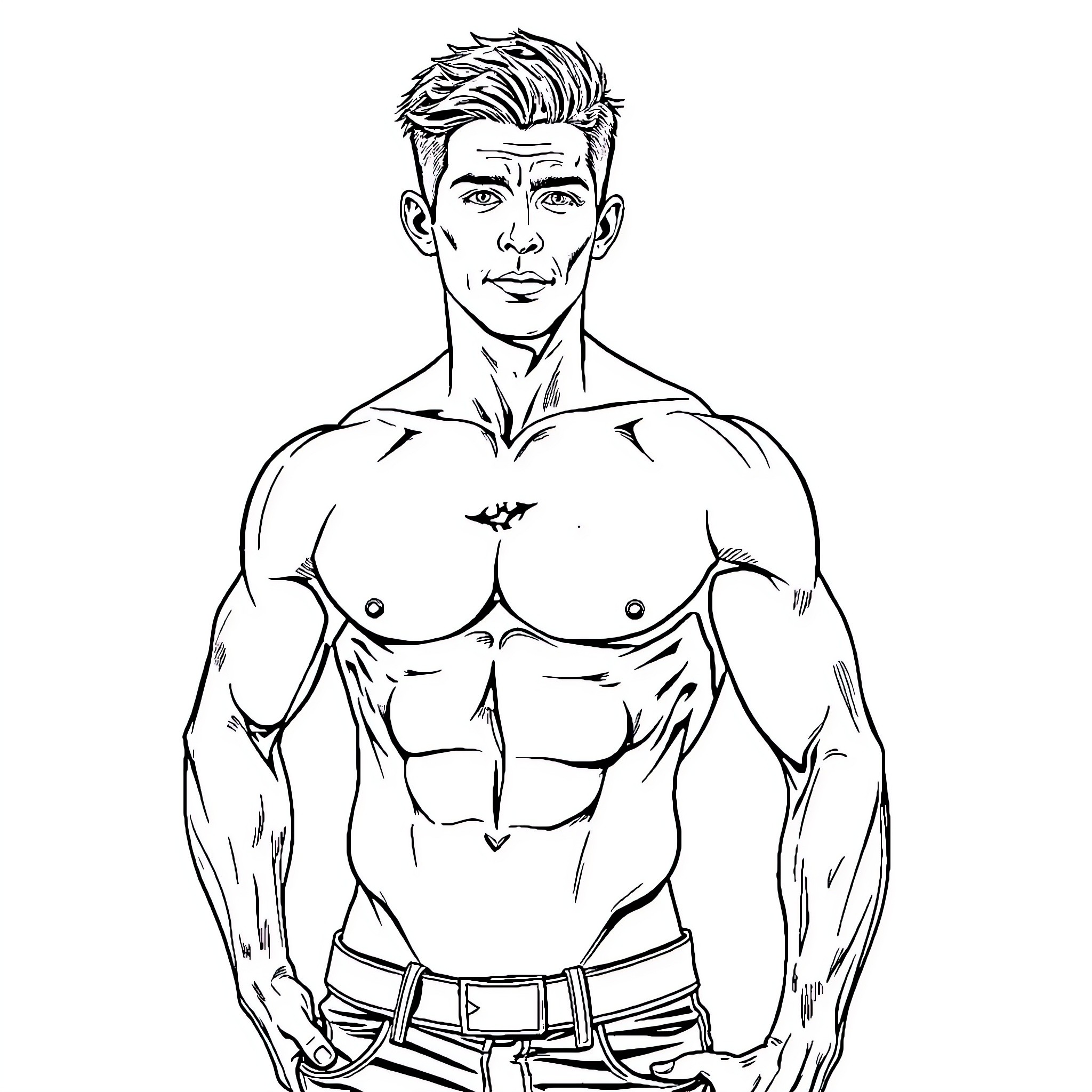 Tom Holland shirtless hero posing with muscular physique Coloring Page (free black-and-white line drawing printable PDF for all, from beginners to advanced learners, including children, teens, adults, and seniors)