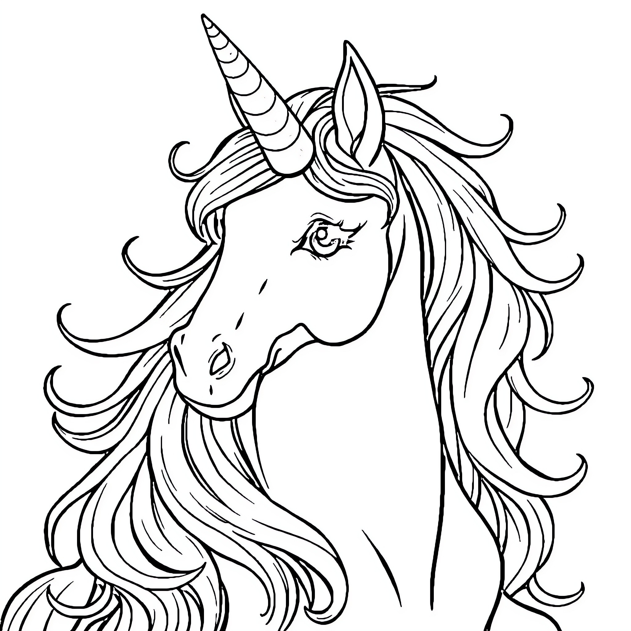 Unicorn with Flowing Mane and Horn Coloring Page (free black-and-white line drawing printable PDF for all, from beginners to advanced learners, including children, teens, adults, and seniors)