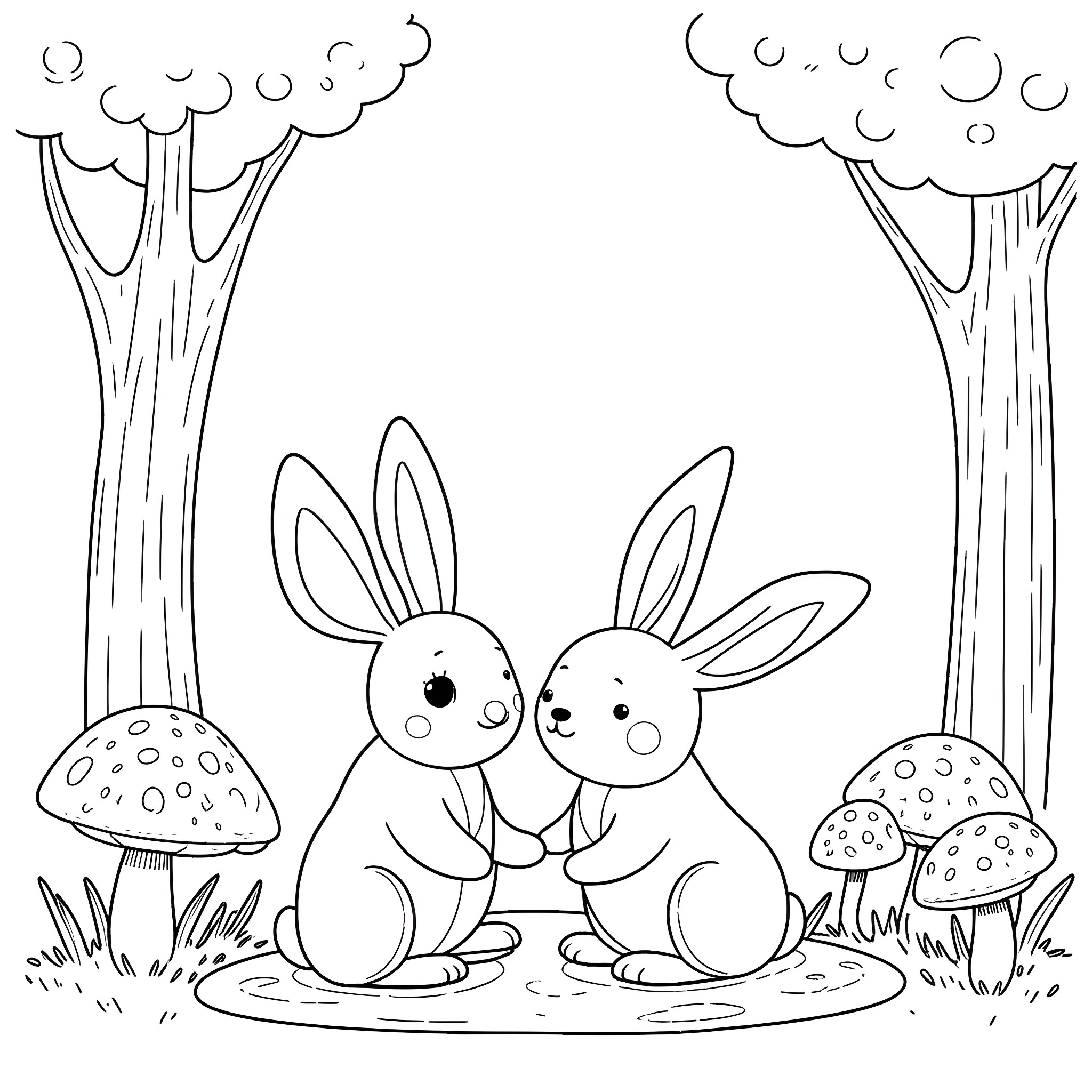 Mushroom Bunnies in Whimsical Forest Coloring Page (free black-and-white line drawing printable PDF for all, from beginners to advanced learners, including children, teens, adults, and seniors)