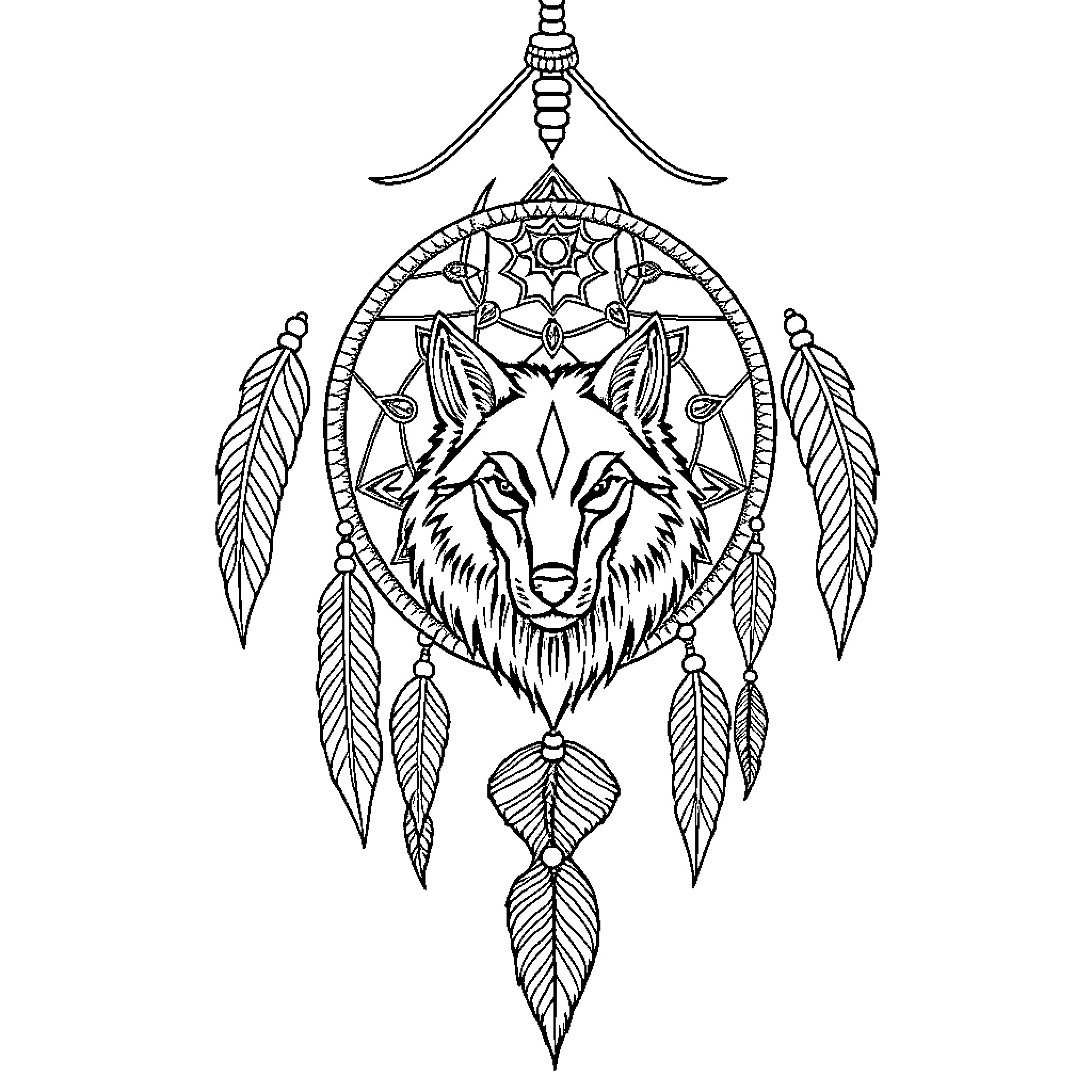 Dreamcatcher with intricate wolf design and feathers Coloring Page (free black-and-white line drawing printable PDF for all, from beginners to advanced learners, including children, teens, adults, and seniors)