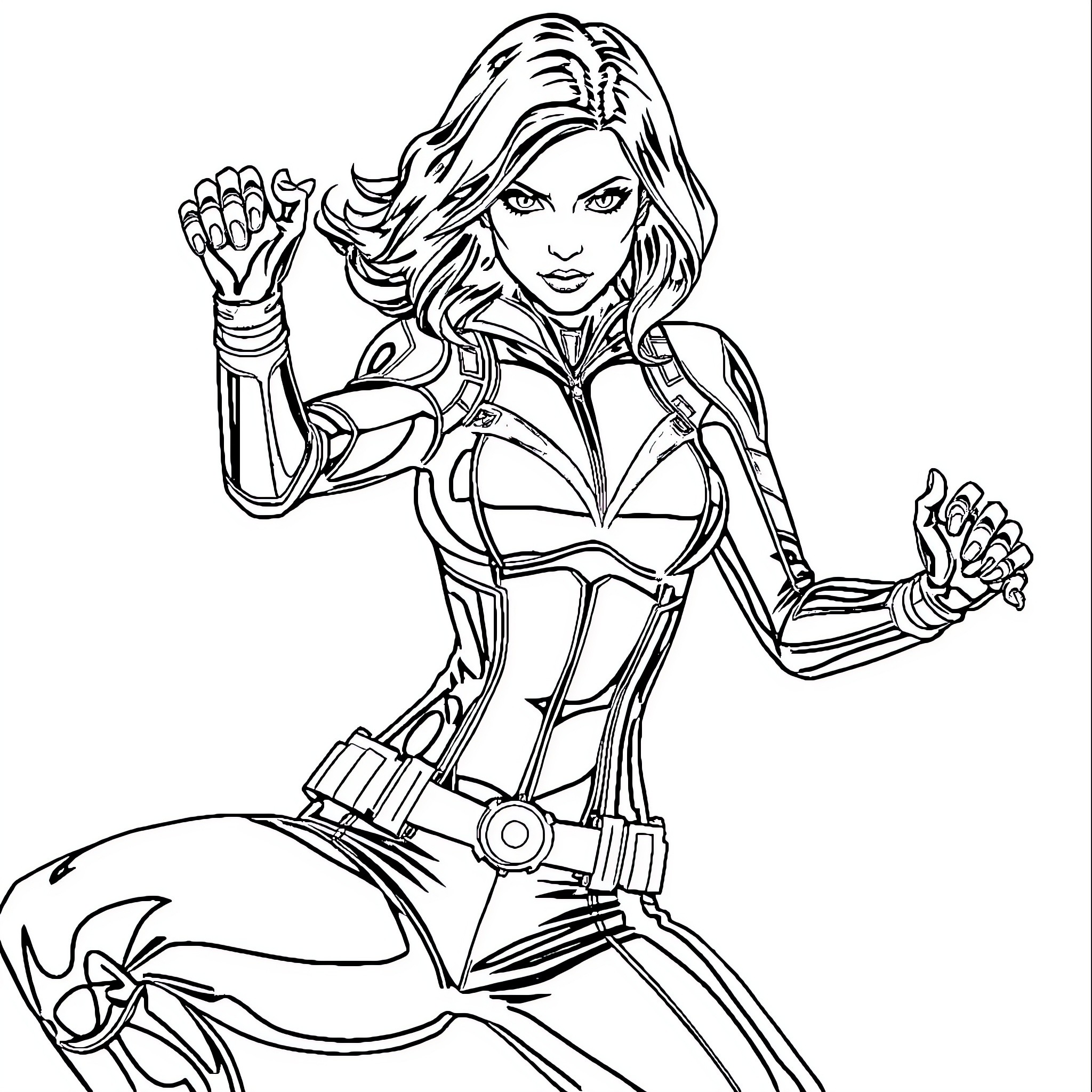 Black Widow Heroic Pose in Combat Outfit Coloring Page (free black-and-white line drawing printable PDF for all, from beginners to advanced learners, including children, teens, adults, and seniors)
