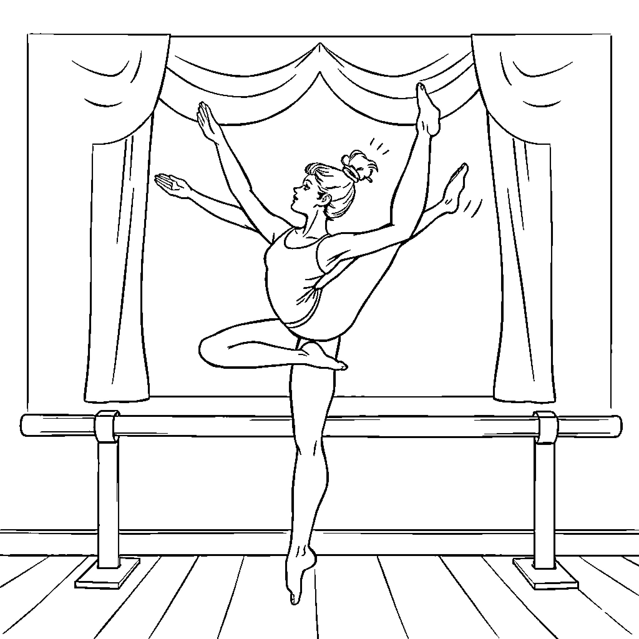 Gymnast performing graceful ballet on stage Coloring Page (free black-and-white line drawing printable PDF for all, from beginners to advanced learners, including children, teens, adults, and seniors)