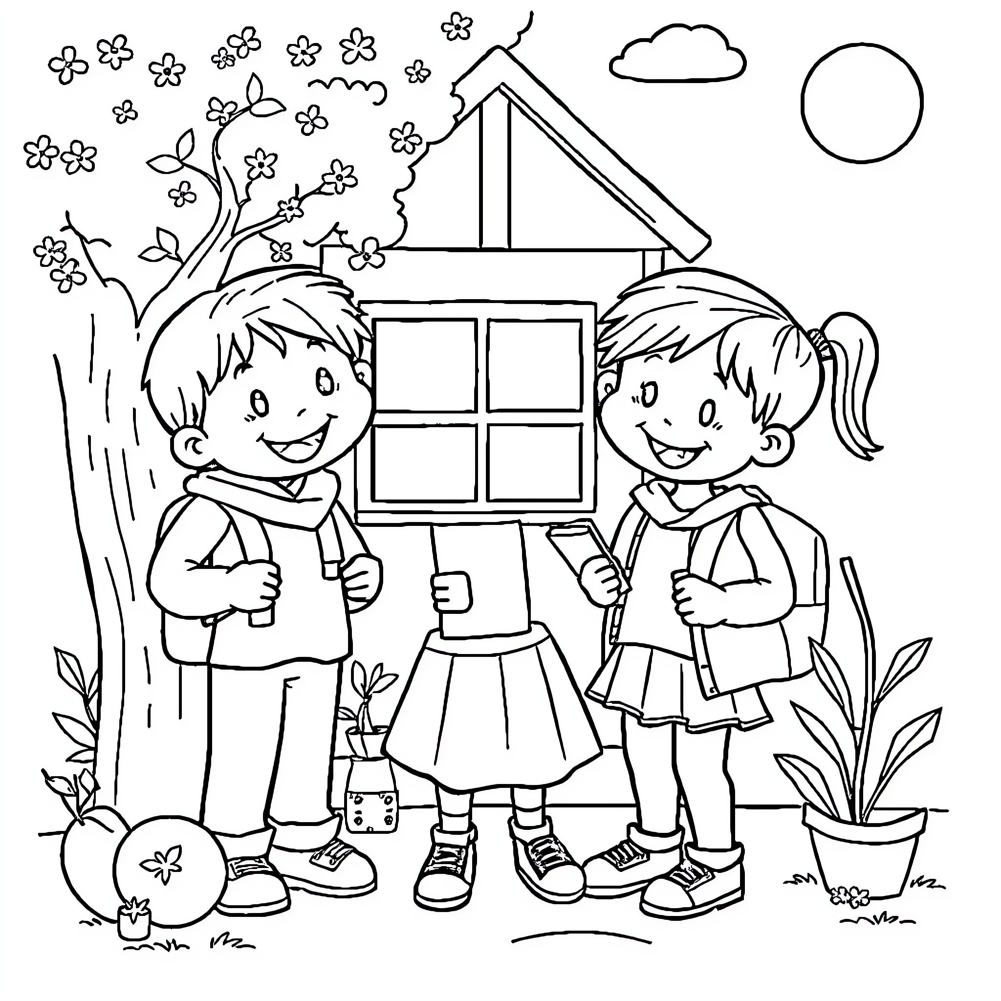 Back to School with Happy Students Coloring Page (free black-and-white line drawing printable PDF for all, from beginners to advanced learners, including children, teens, adults, and seniors)