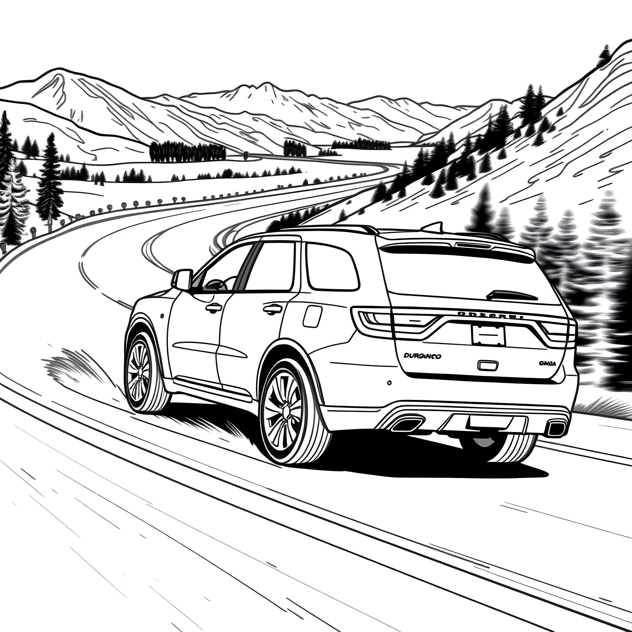 Dodge Durango SUV driving on winding mountain road Coloring Page (free black-and-white line drawing printable PDF for all, from beginners to advanced learners, including children, teens, adults, and seniors)