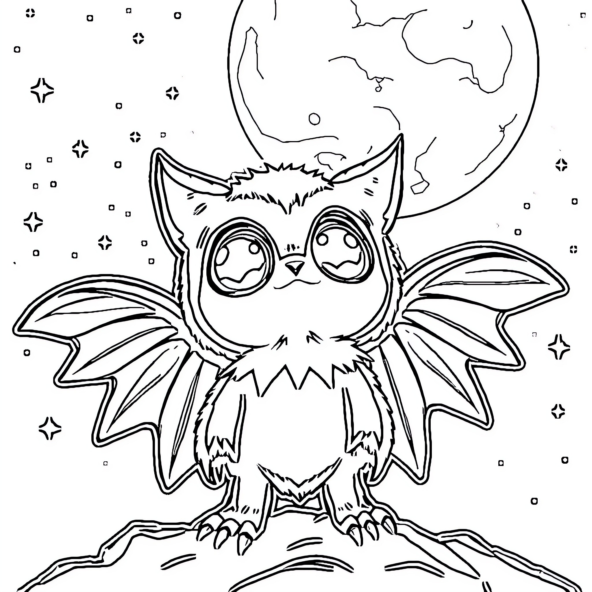 Mothman peering curiously under the night sky Coloring Page (free black-and-white line drawing printable PDF for all, from beginners to advanced learners, including children, teens, adults, and seniors)