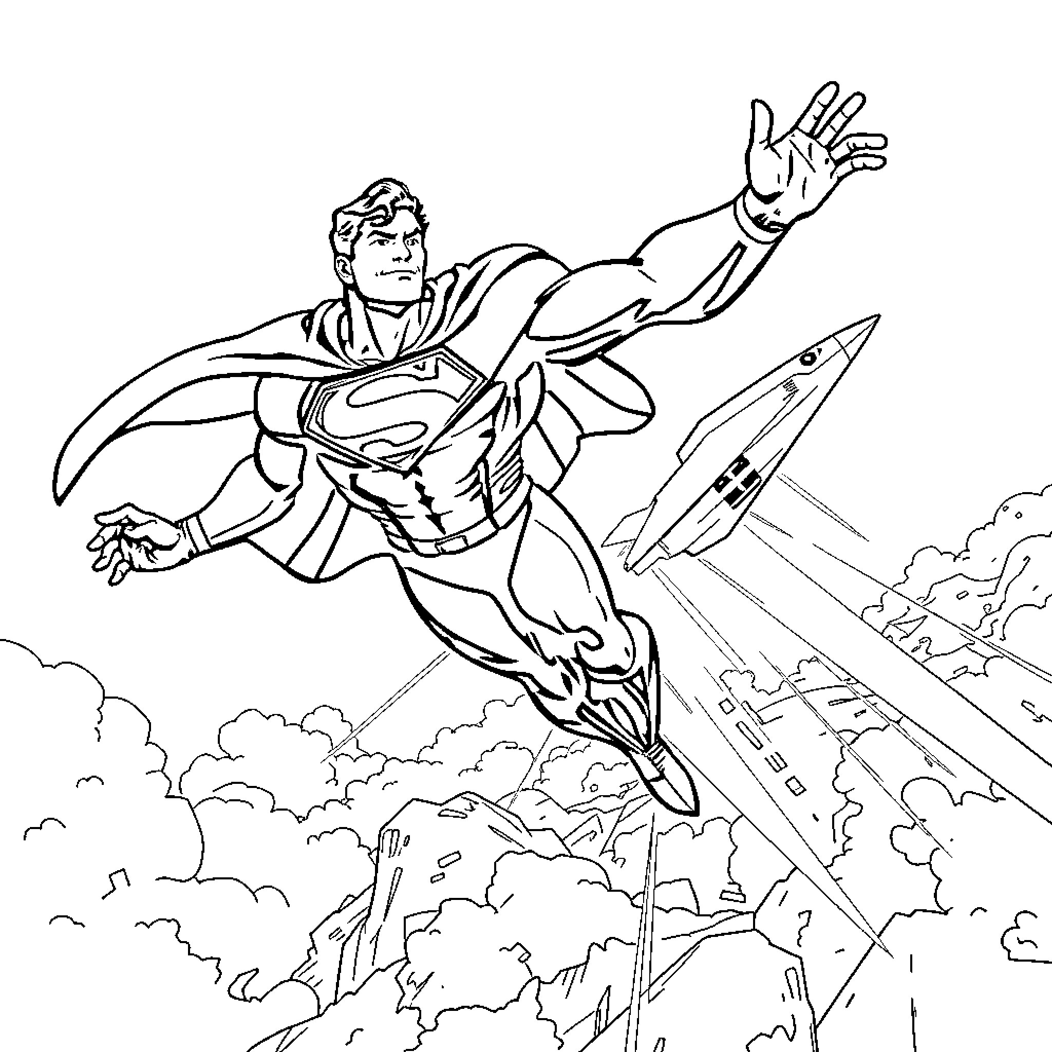 Superman flying in action with rocket Coloring Page (free black-and-white line drawing printable PDF for all, from beginners to advanced learners, including children, teens, adults, and seniors)