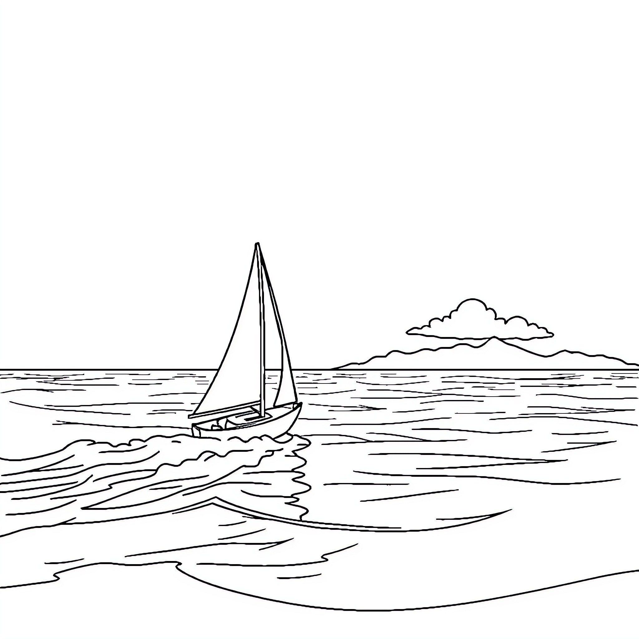 Sailboat sailing on the tranquil waters Coloring Page (free black-and-white line drawing printable PDF for all, from beginners to advanced learners, including children, teens, adults, and seniors)