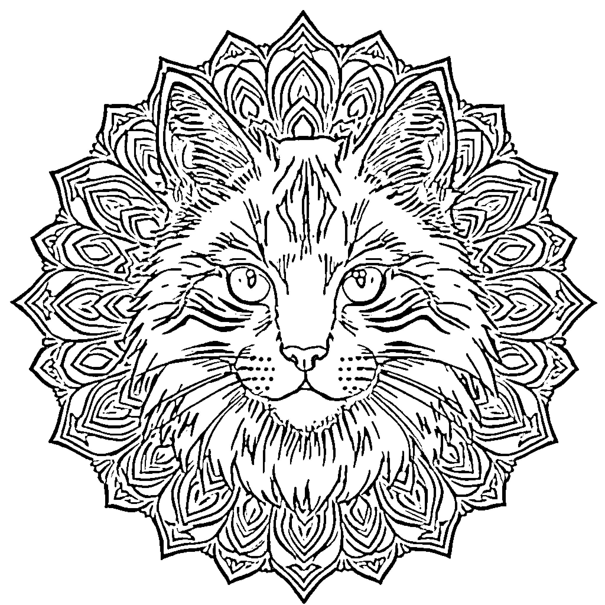 Siberian Cat in Ornamental Mandala Design Coloring Page (free black-and-white line drawing printable PDF for all, from beginners to advanced learners, including children, teens, adults, and seniors)