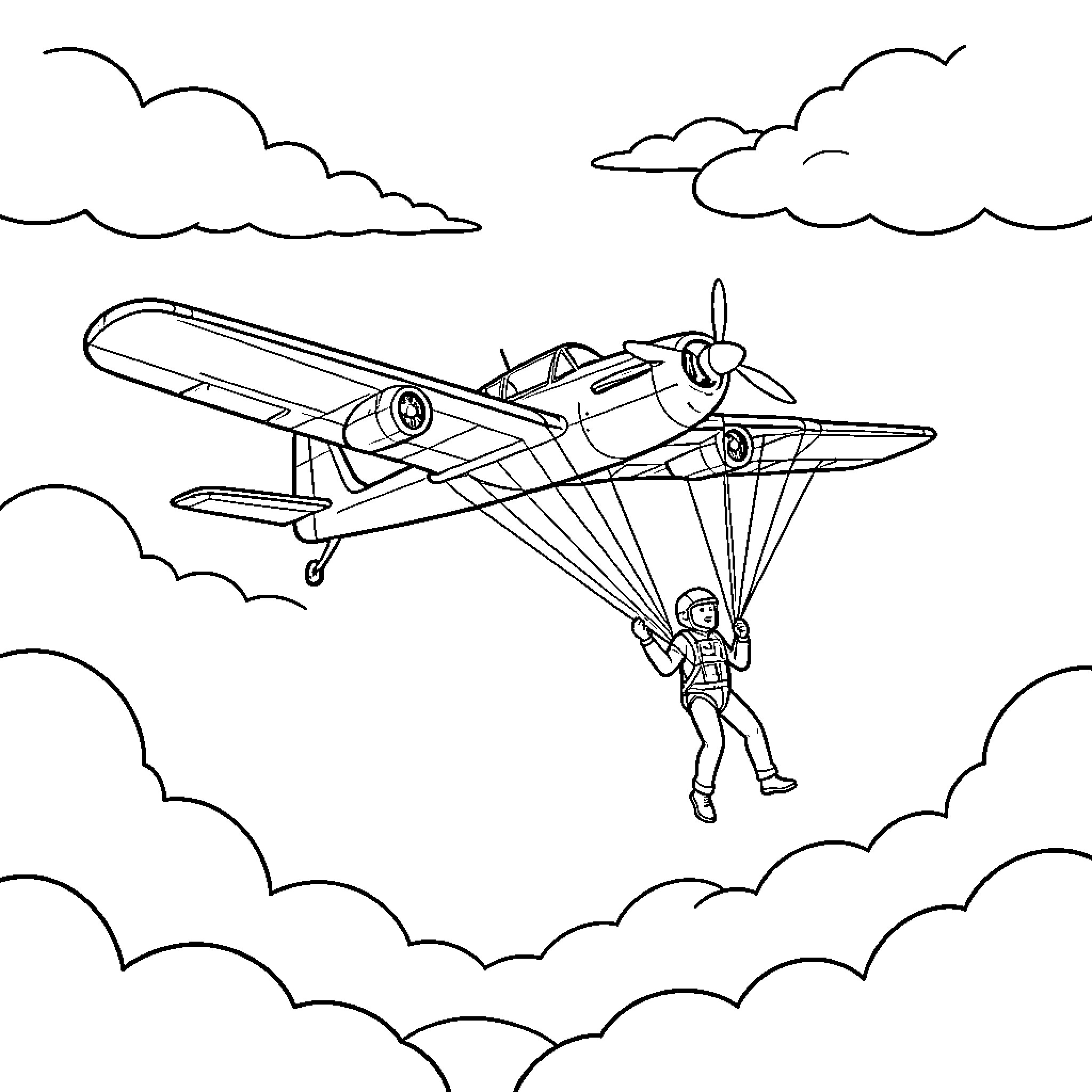 Aircraft releasing a person performing a parachute jump Coloring Page (free black-and-white line drawing printable PDF for all, from beginners to advanced learners, including children, teens, adults, and seniors)