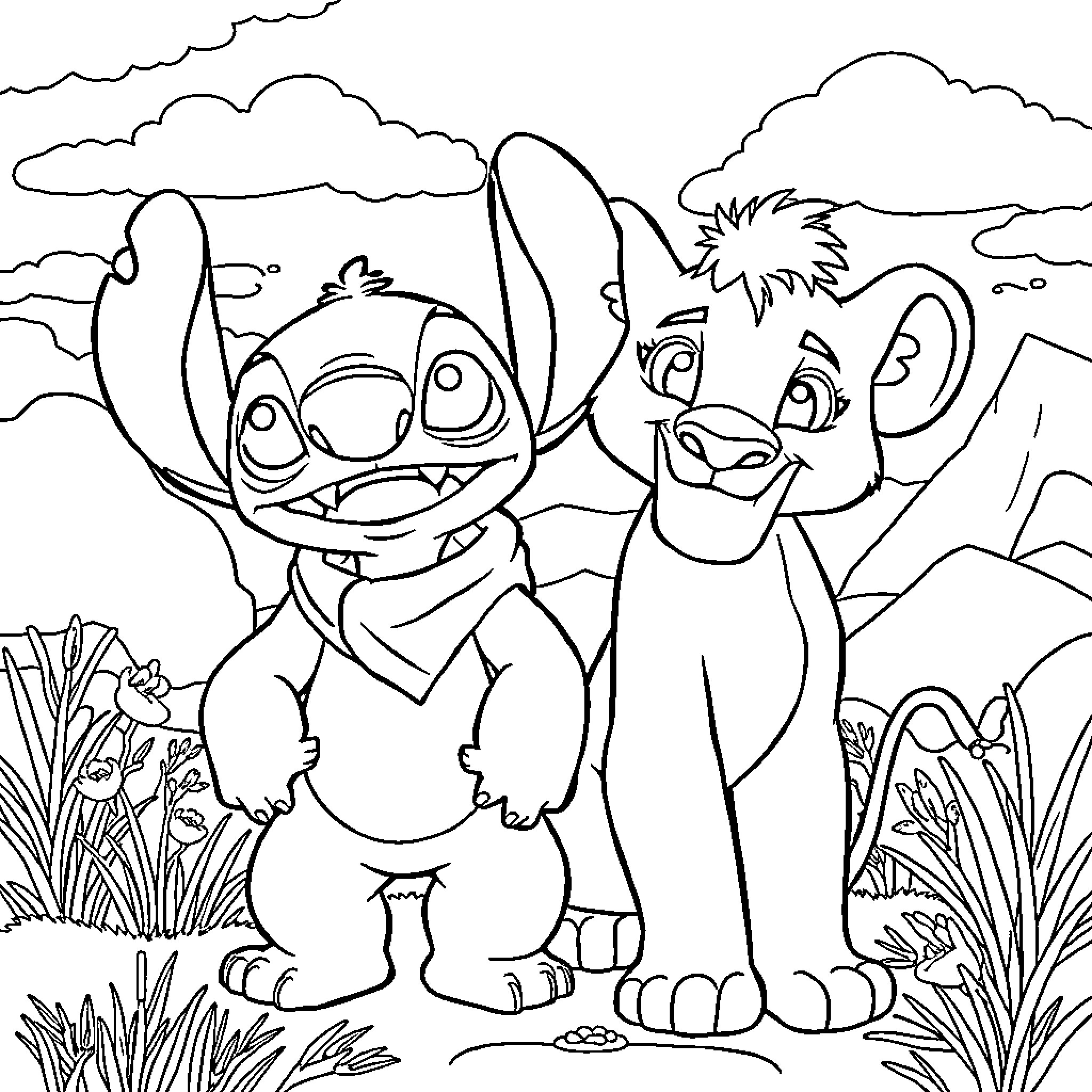 Stitch and Simba explore the wilderness Coloring Page (free black-and-white line drawing printable PDF for all, from beginners to advanced learners, including children, teens, adults, and seniors)