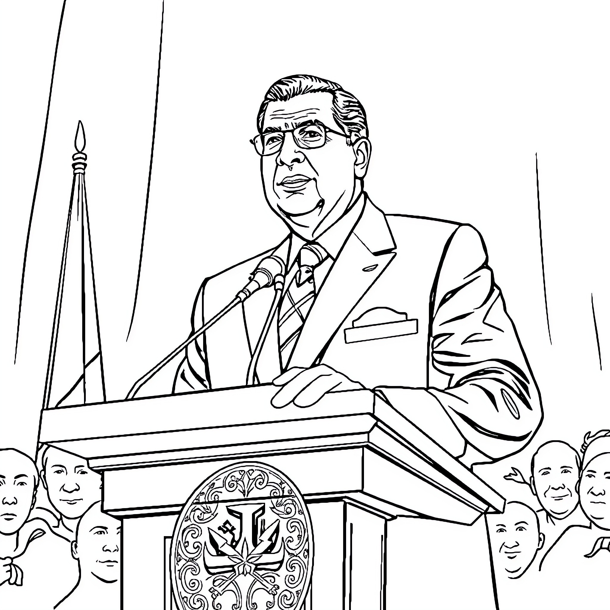 Ben Ali addressing a crowd from a podium Coloring Page (free black-and-white line drawing printable PDF for all, from beginners to advanced learners, including children, teens, adults, and seniors)