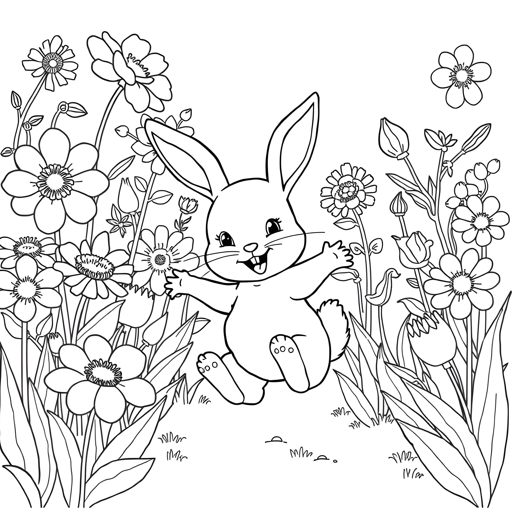 Baby Bunny Playing Happily among Flowers Coloring Page (free black-and-white line drawing printable PDF for all, from beginners to advanced learners, including children, teens, adults, and seniors)