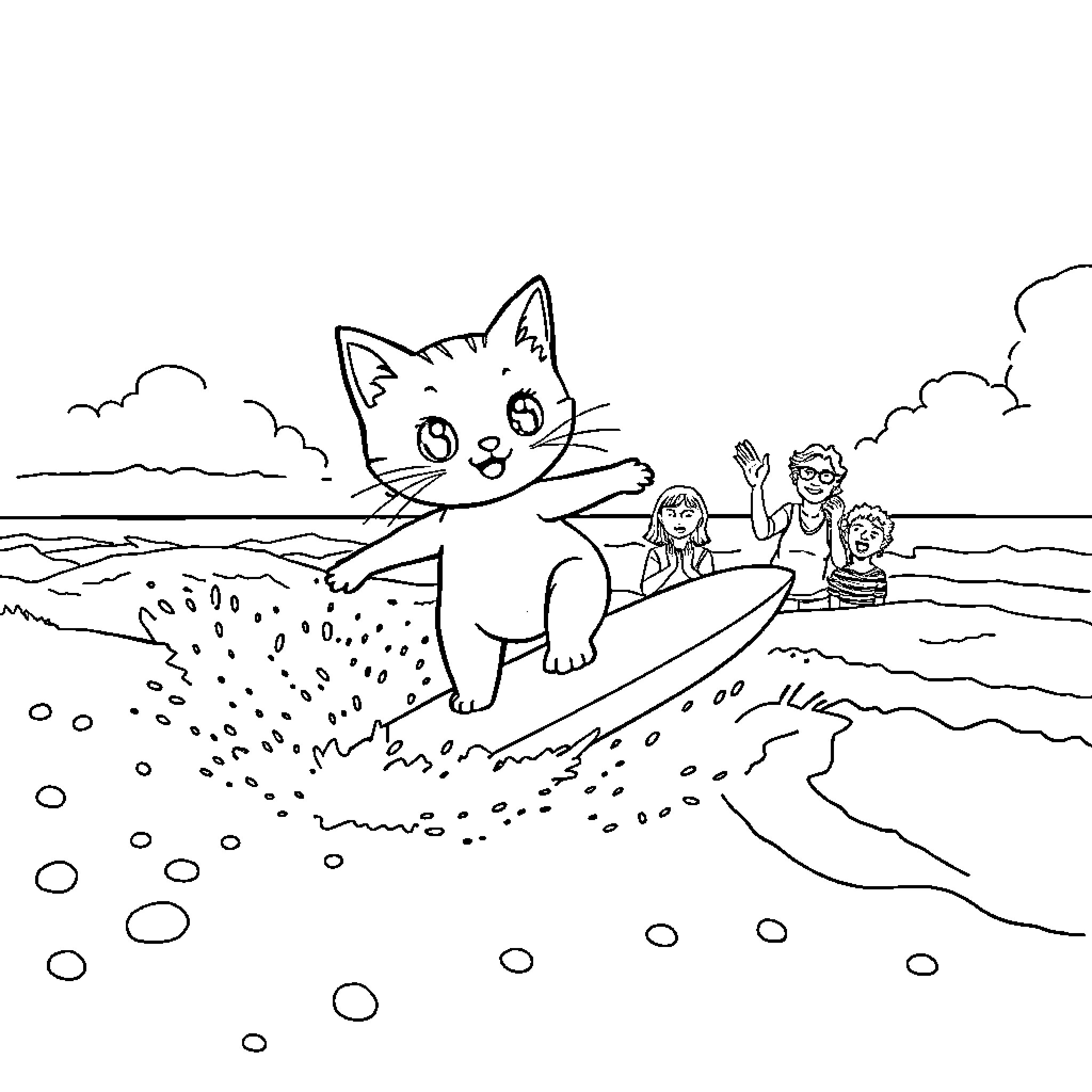 Gato frolicking on the beach with children Coloring Page (free black-and-white line drawing printable PDF for all, from beginners to advanced learners, including children, teens, adults, and seniors)