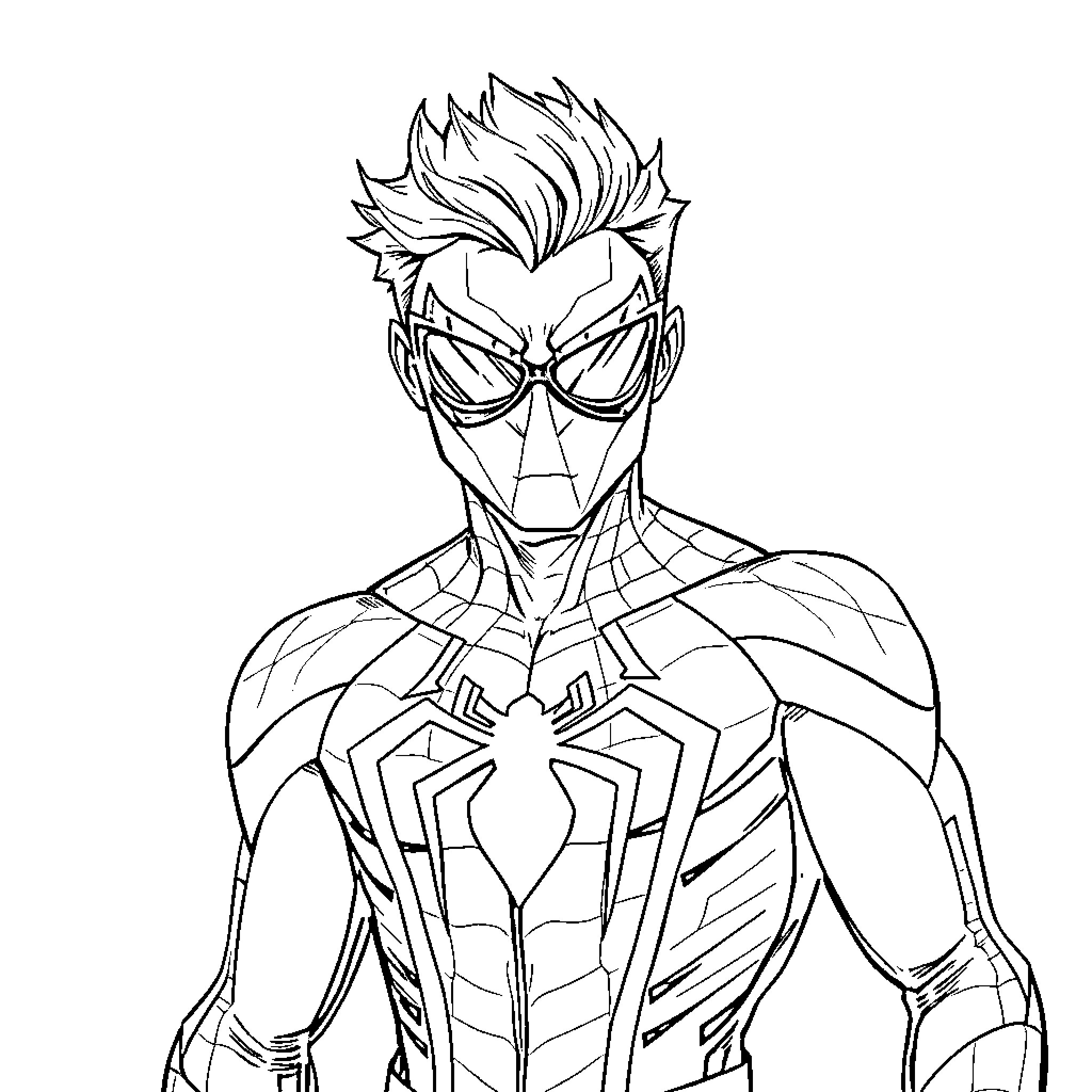 Spider-Man poses heroically in his suit Coloring Page (free black-and-white line drawing printable PDF for all, from beginners to advanced learners, including children, teens, adults, and seniors)