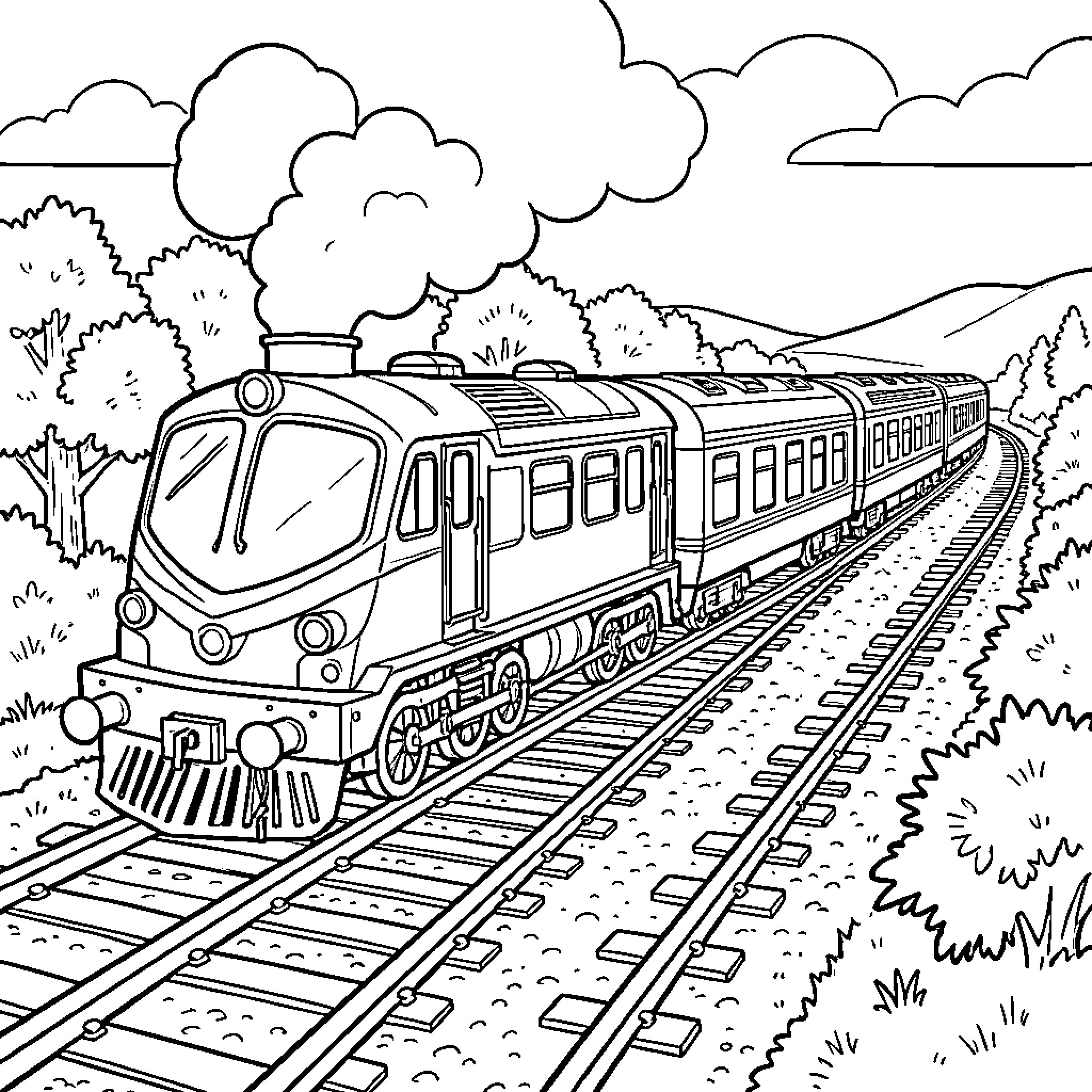 Train traveling along tracks through a scenic landscape Coloring Page (free black-and-white line drawing printable PDF for all, from beginners to advanced learners, including children, teens, adults, and seniors)