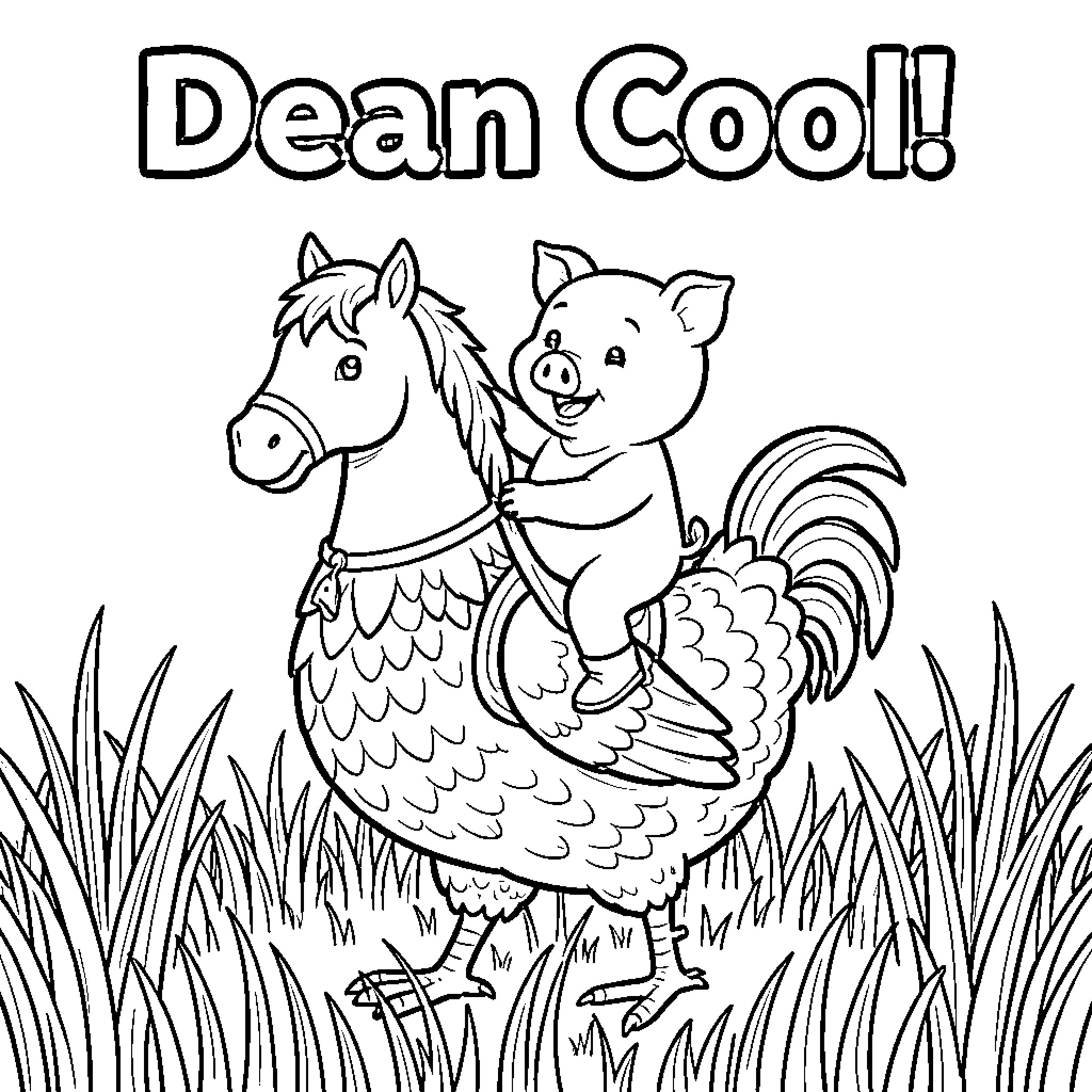 Horse and pig playing together joyfully Coloring Page (free black-and-white line drawing printable PDF for all, from beginners to advanced learners, including children, teens, adults, and seniors)