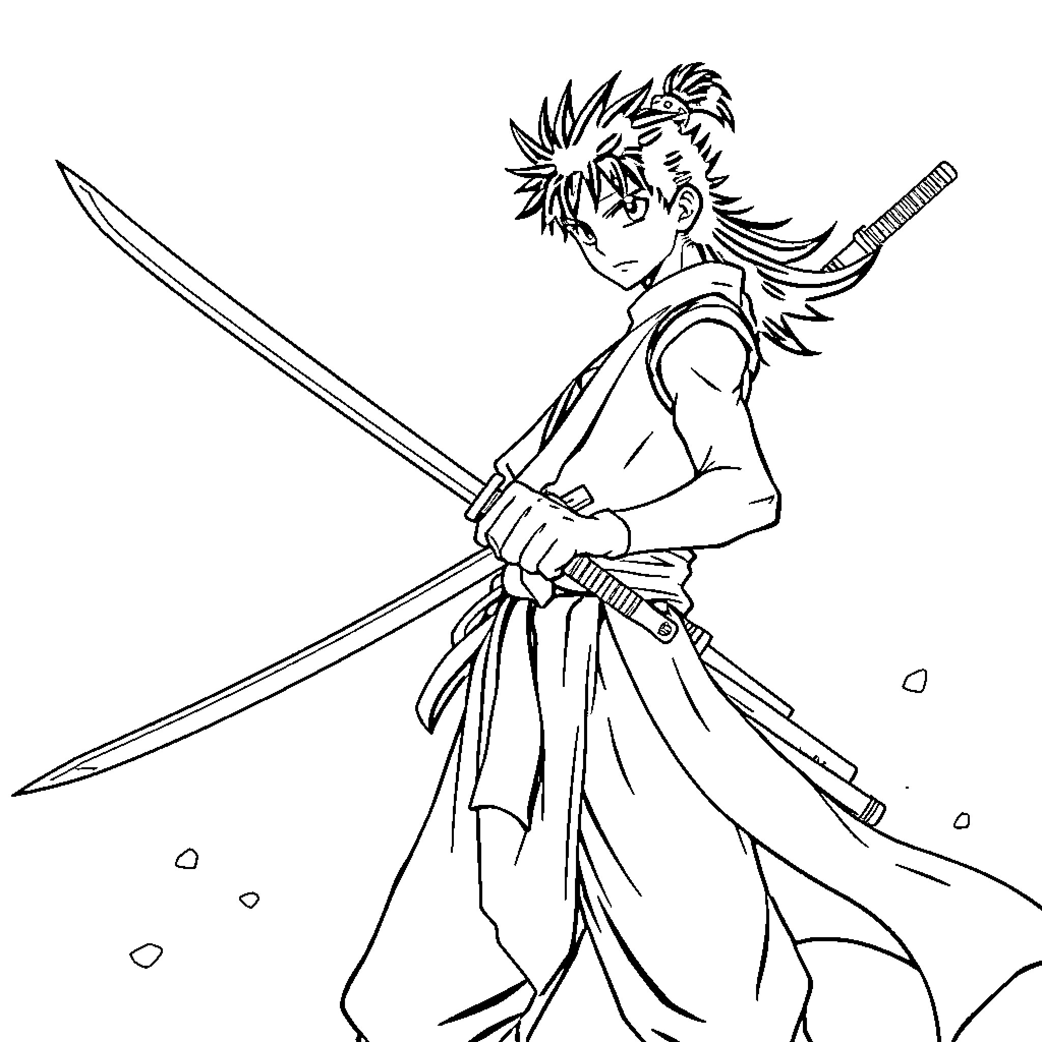 Zoro wielding swords in fierce battle stance Coloring Page (free black-and-white line drawing printable PDF for all, from beginners to advanced learners, including children, teens, adults, and seniors)