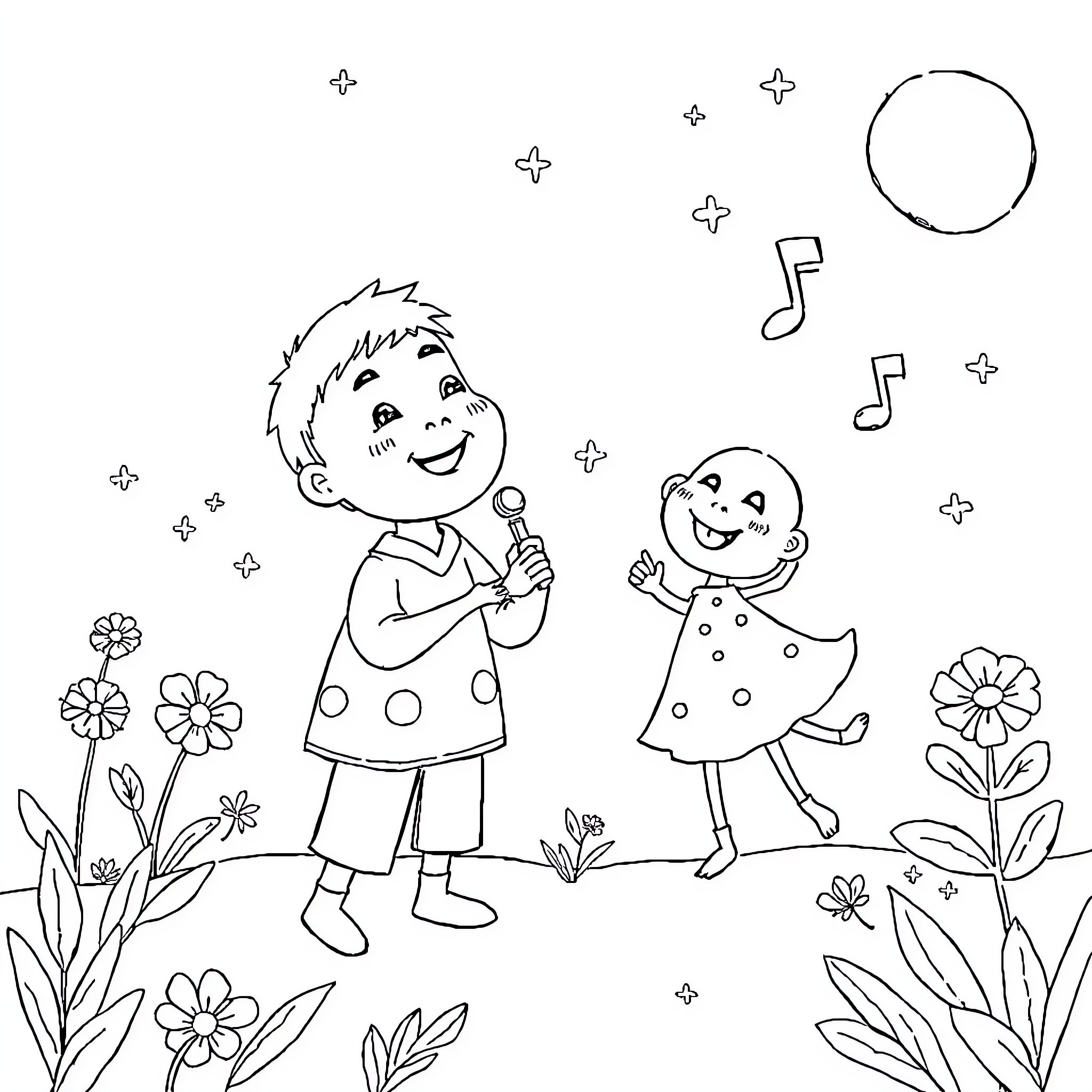 Tung Singing and Dancing with Cheerful Companion Coloring Page (free black-and-white line drawing printable PDF for all, from beginners to advanced learners, including children, teens, adults, and seniors)