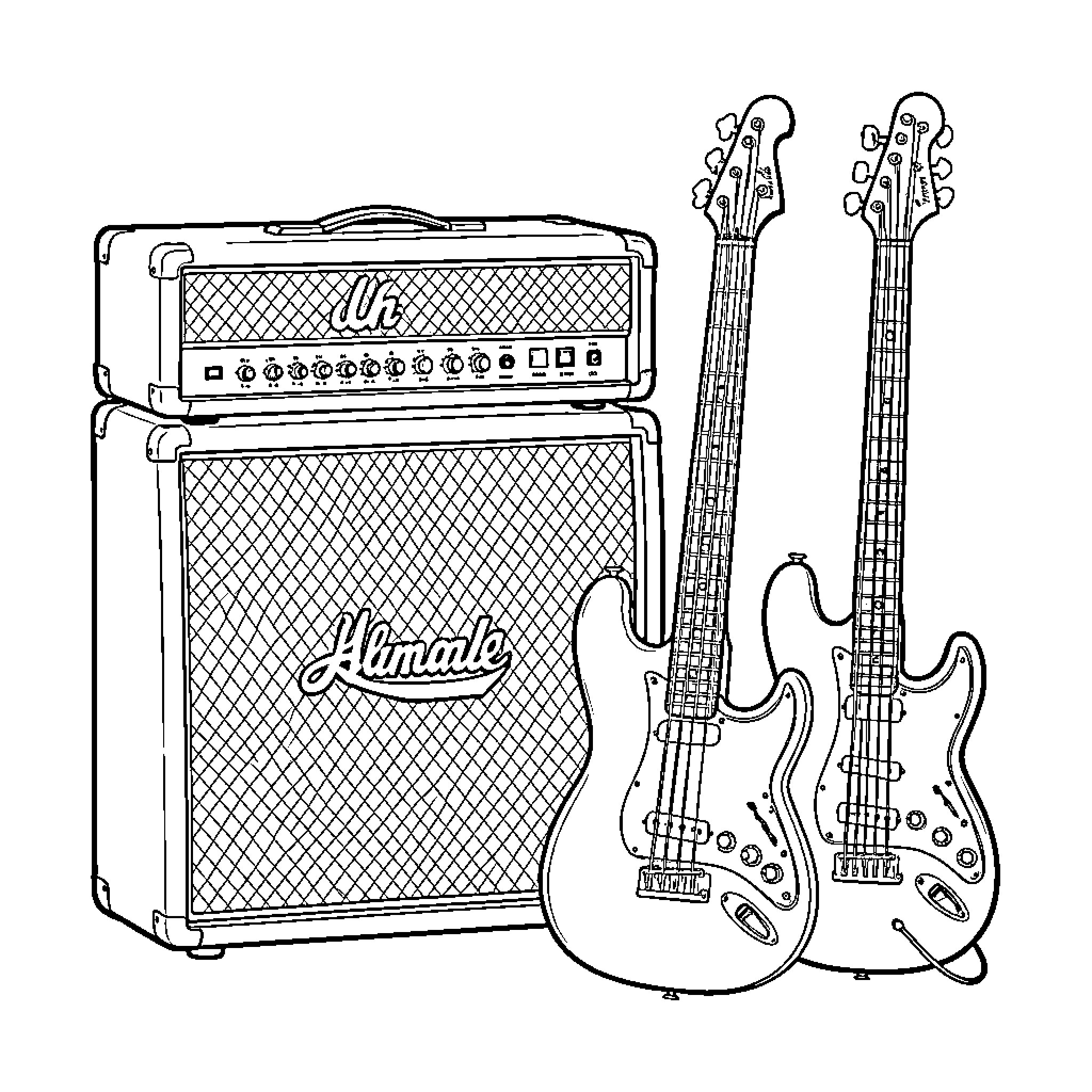 Bajo Amplifier and Electric Guitars Coloring Page (free black-and-white line drawing printable PDF for all, from beginners to advanced learners, including children, teens, adults, and seniors)