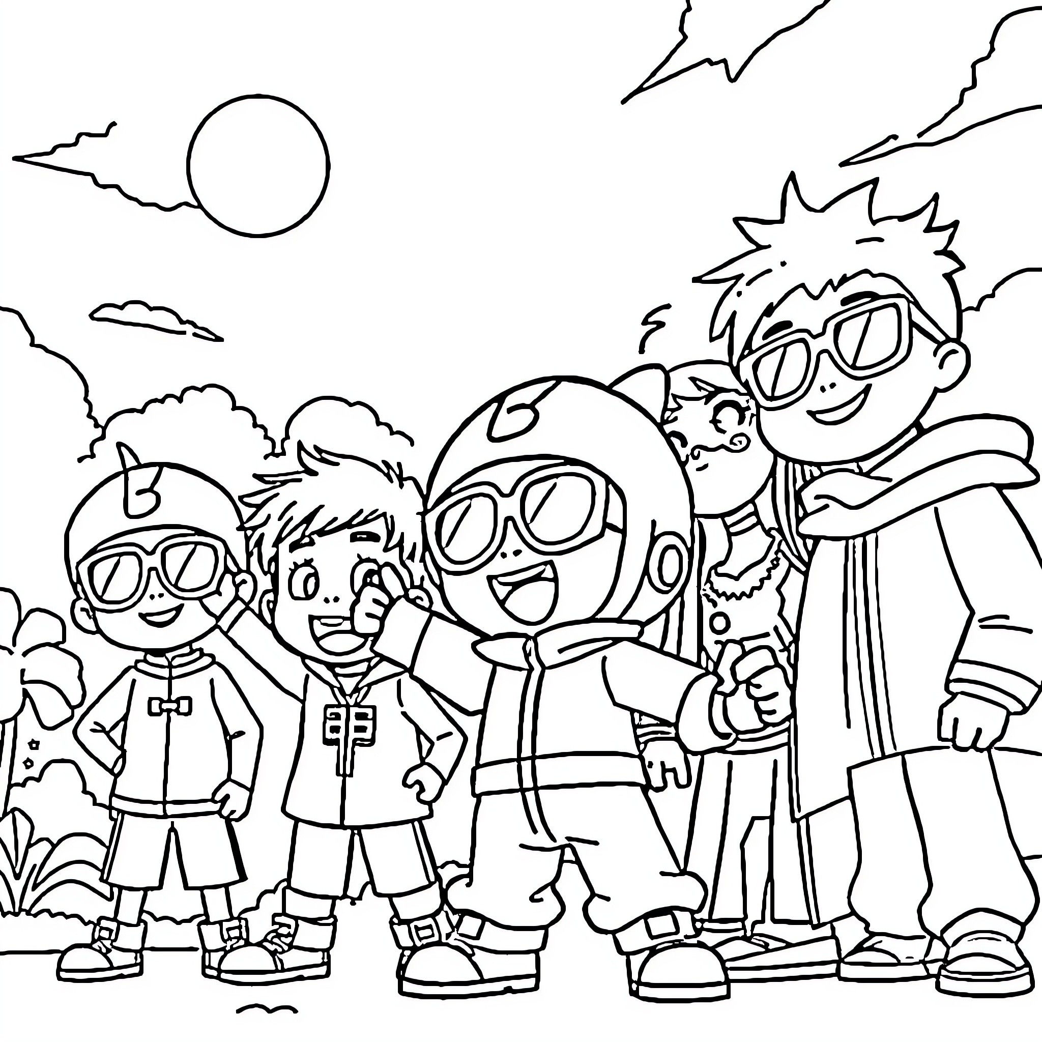 Boboiboy and friends in an adventure Coloring Page (free black-and-white line drawing printable PDF for all, from beginners to advanced learners, including children, teens, adults, and seniors)